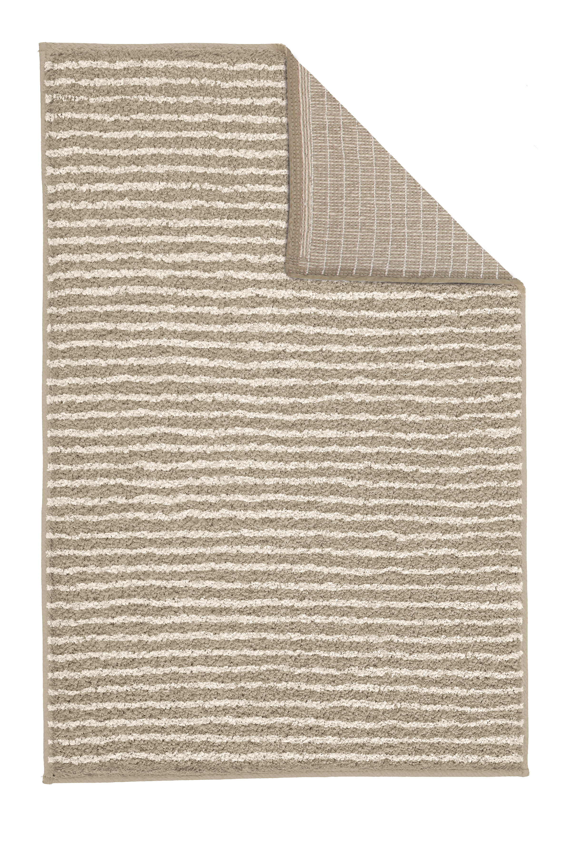 Beigefarbener Teppich mit weißen Streifen, rechteckig, weiche Textur, umgeschlagene Ecke zeigt Rückseite.