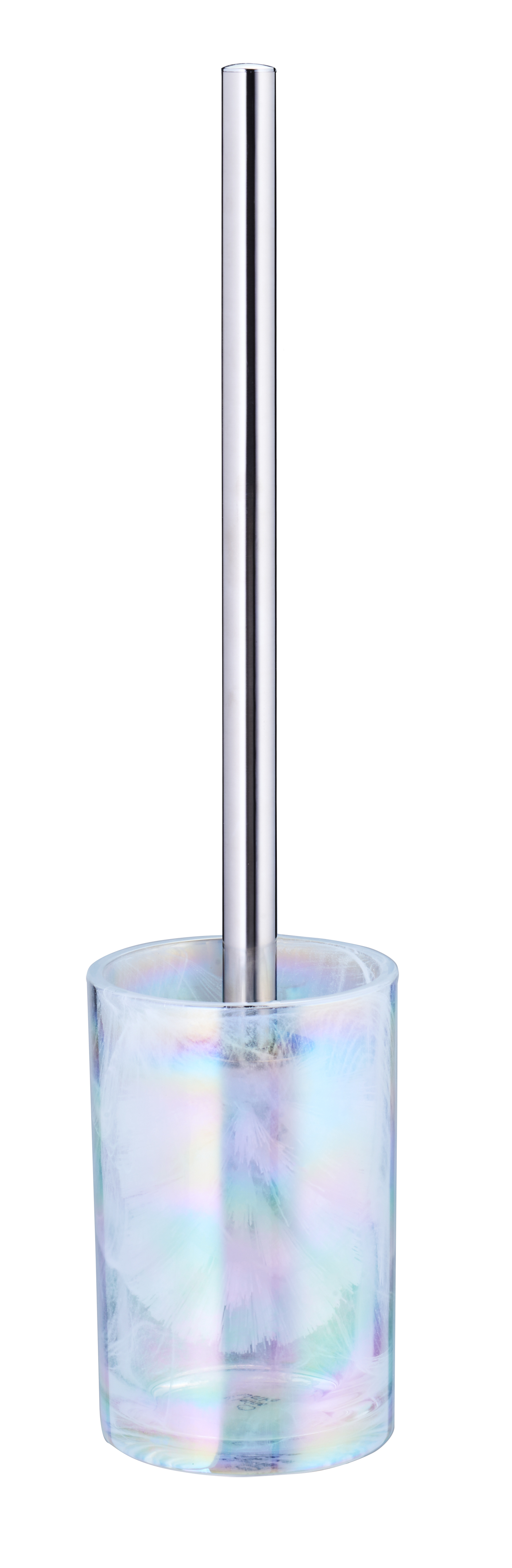 WC-Bürsten-Halter OPALIS Perlmuttfarben Schlichter Toilettenbürstenhalter mit irisierendem Becher und silbernem Griff, modernes Design für stilvolle Badezimmer.