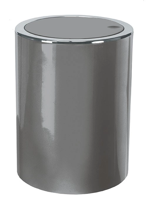 4004478300125 Moderner, zylindrischer Abfalleimer in glänzendem Grau mit Schwingdeckel, ideal für Badezimmer oder Büros.