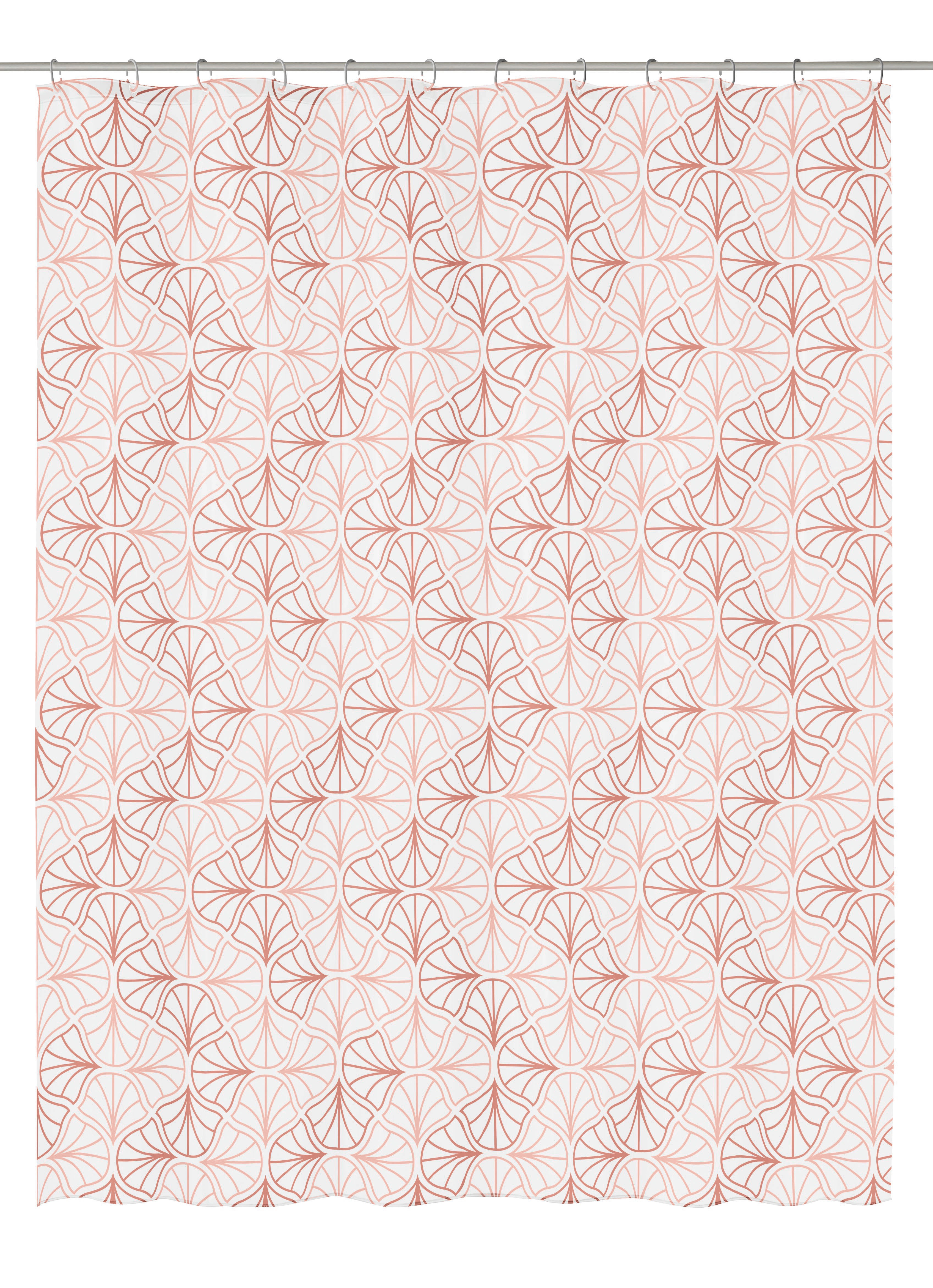 Duschvorhang mit elegantem, rotem Blättermuster auf weißem Hintergrund, ideal für ein stilvolles Badezimmer.