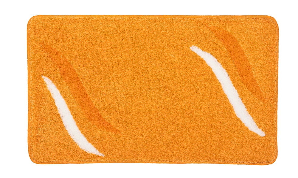 Orangefarbener Badteppich mit weißen und hellorangen geschwungenen Akzenten, rechteckige Form, weiche Textur.