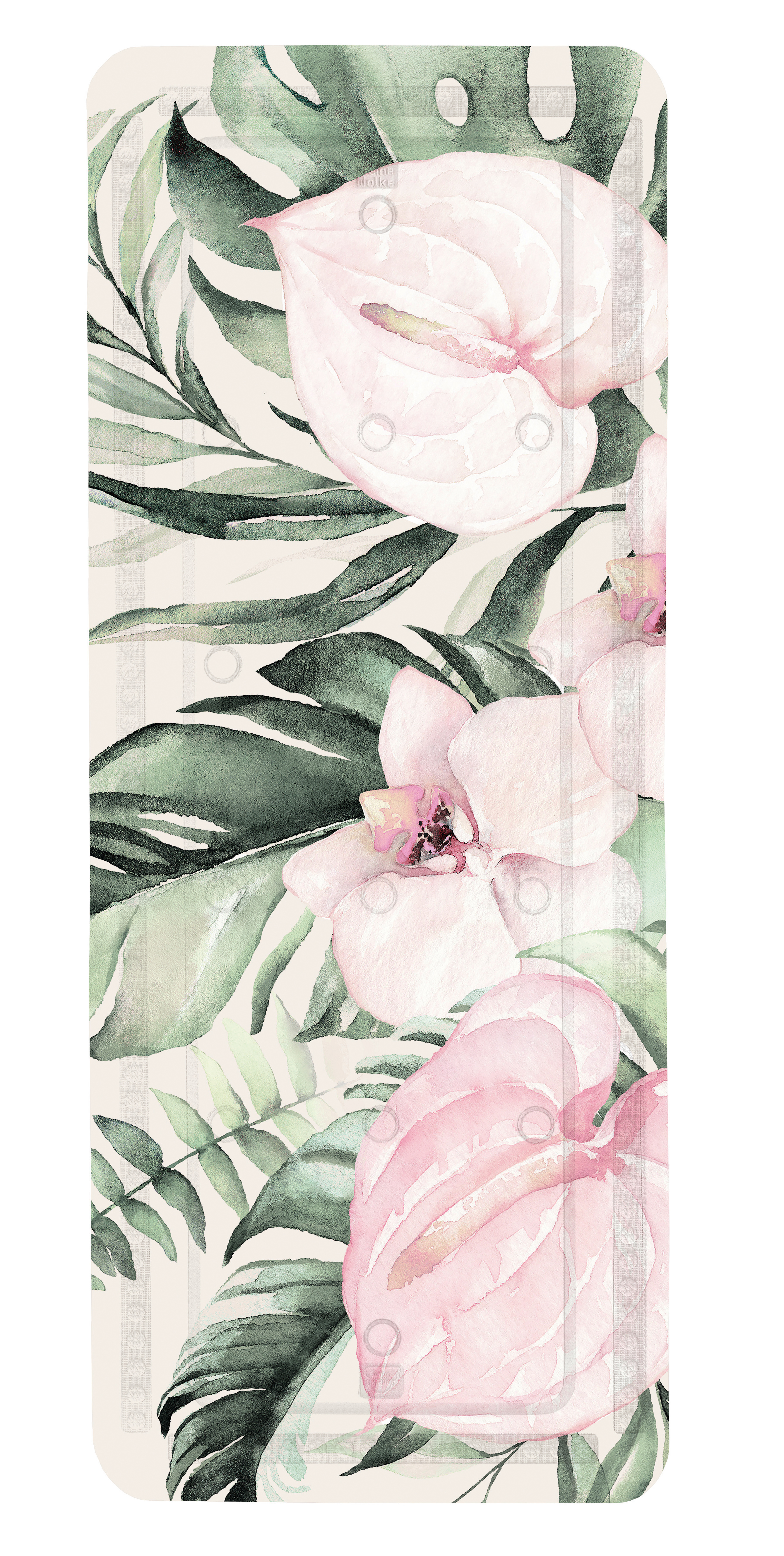 Duschvorhang mit tropischem Blumenmuster in zarten Rosa- und Grüntönen, ideal für ein frisches Badezimmerambiente.