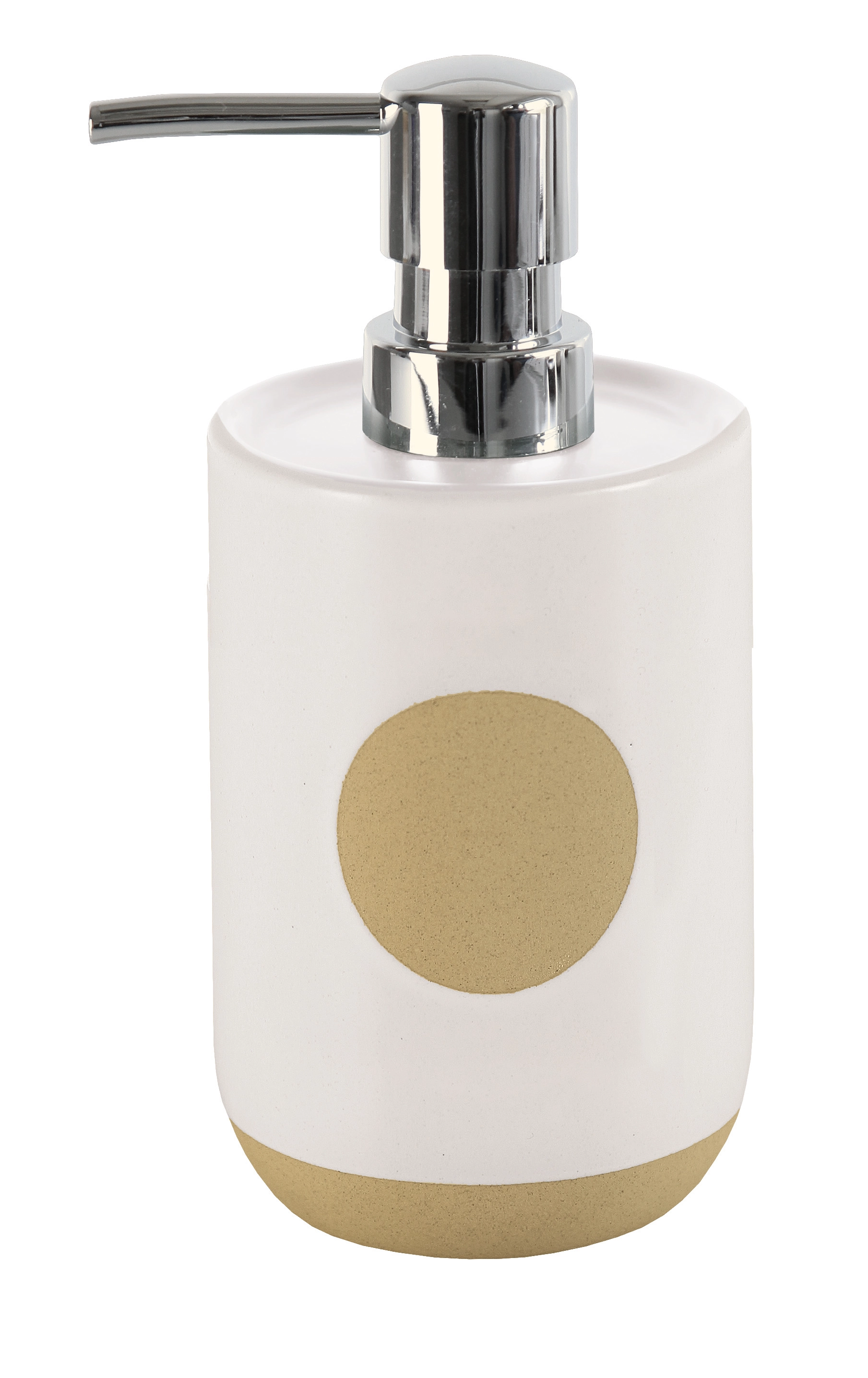 Seifenspender aus Keramik in Weiß mit beigem Akzent und silbernem Pumpkopf. Modernes und elegantes Design.