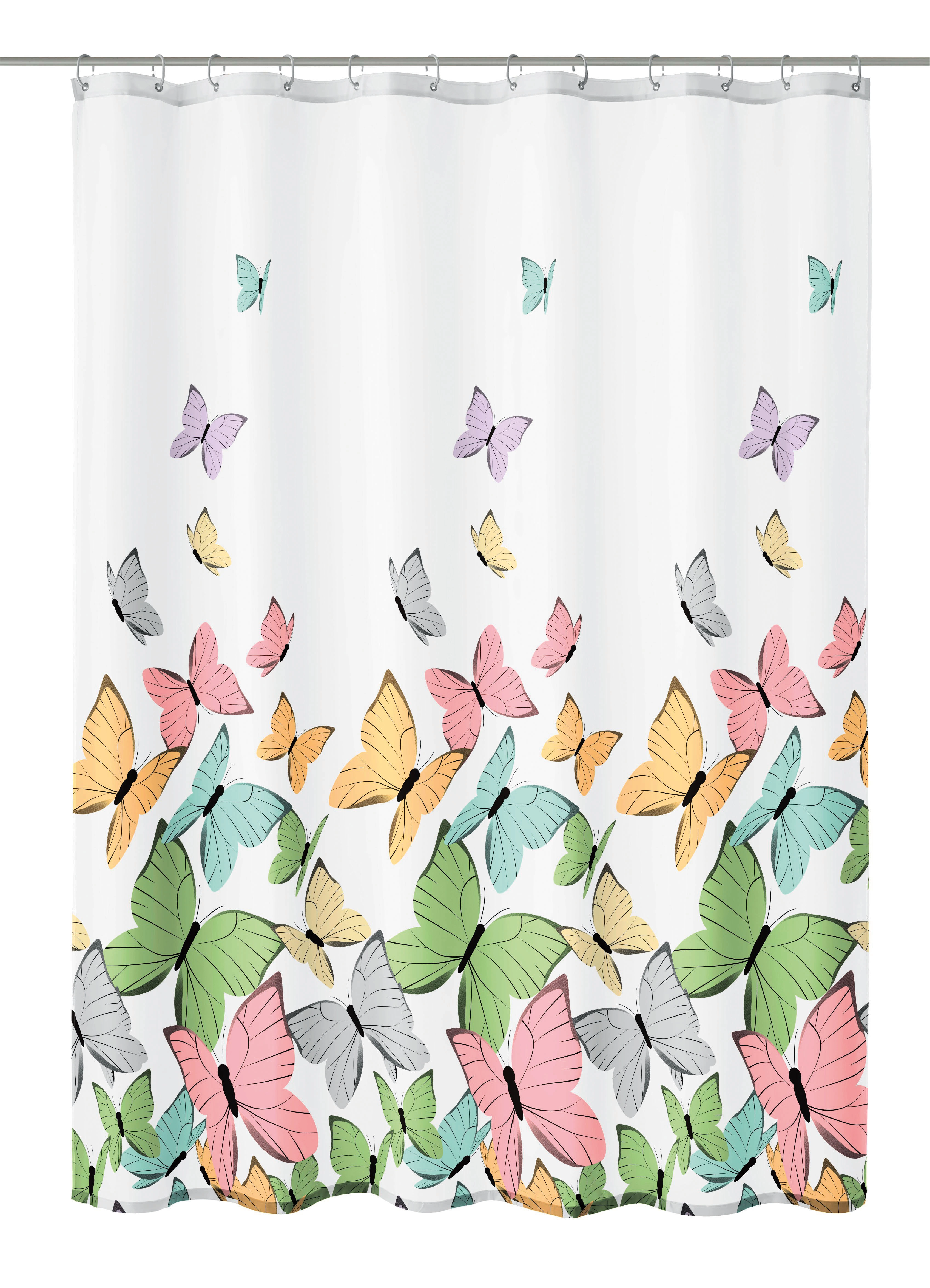 Duschvorhang Textil BUTTERFLIES Multicolor 180 x 200 cm Duschvorhang mit bunten Schmetterlingen auf weißem Hintergrund, fröhliches Design für ein lebendiges Badezimmer.