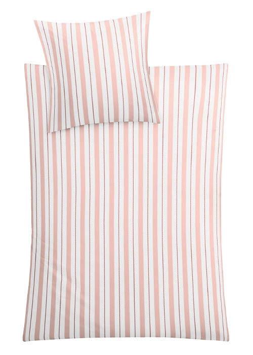Bettwäsche-Set mit weiß-rosa Streifenmuster, bestehend aus einem Kissenbezug und einem Bettdeckenbezug, ideal für ein modernes Schlafzimmer.