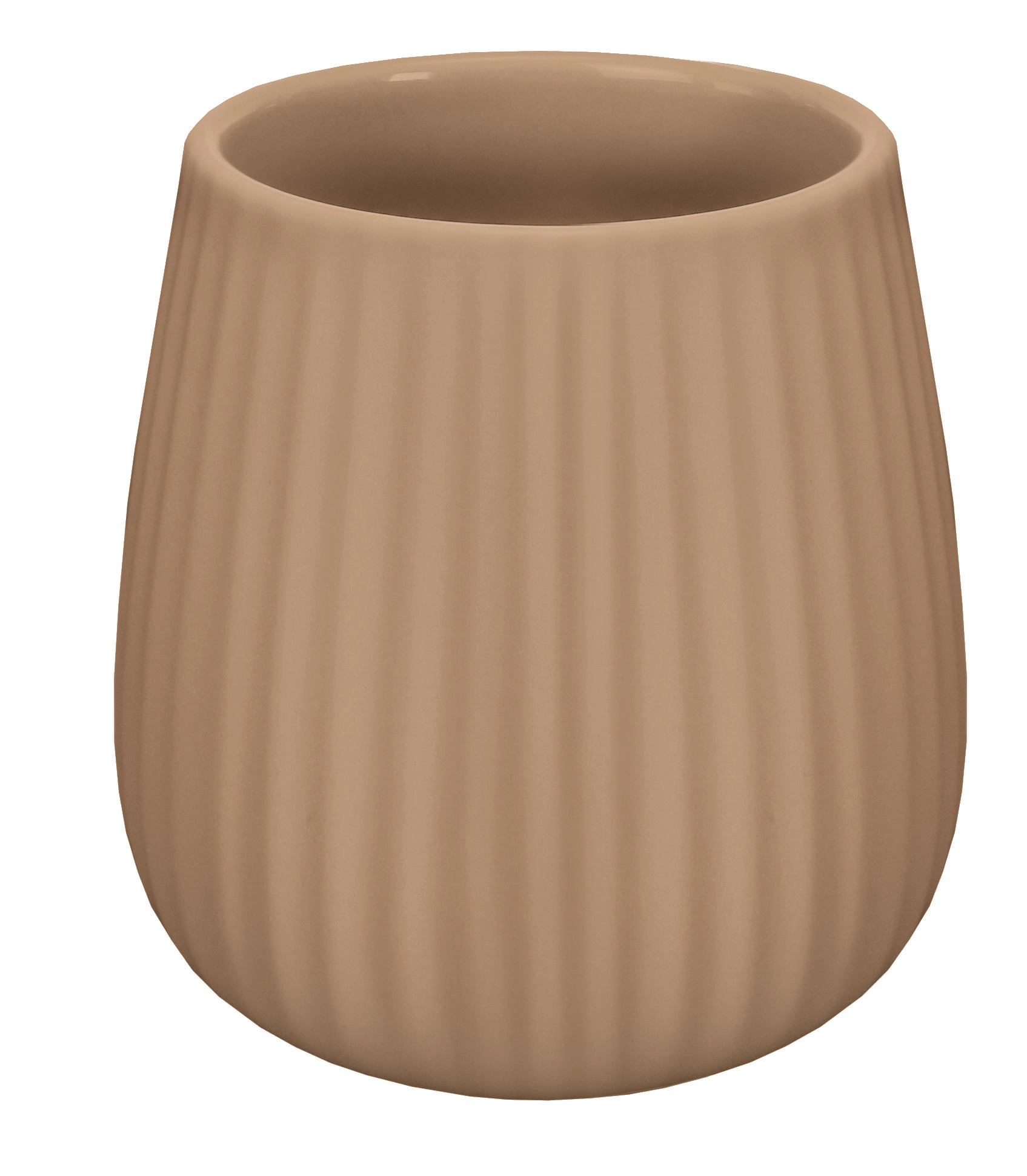 Beiger Zahnputzbecher aus Keramik mit geriffelter Oberfläche, modern und stilvoll für Ihr Badezimmer.