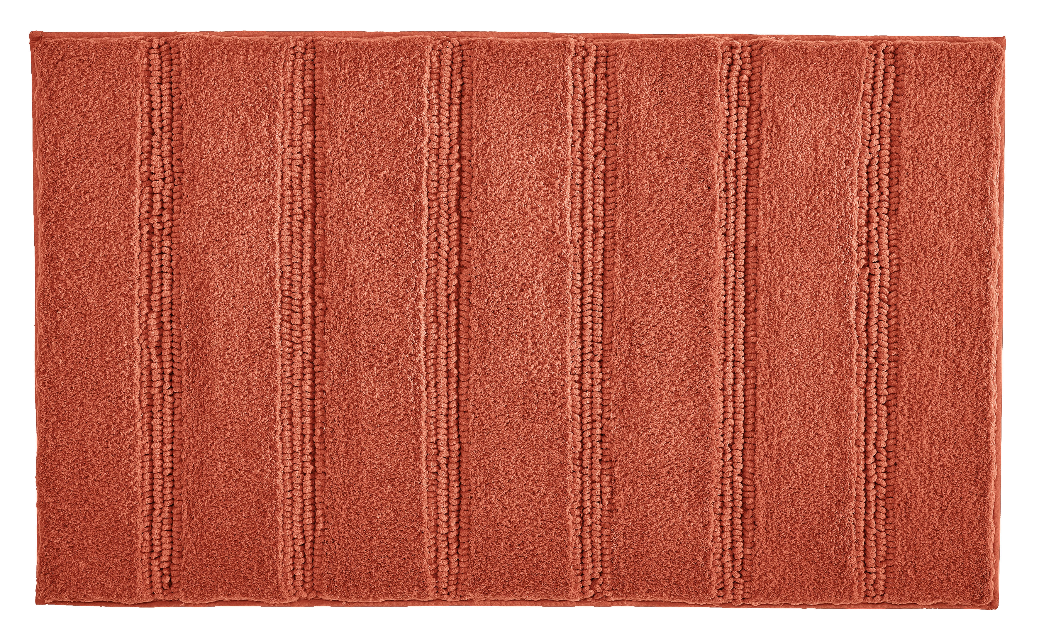 Roter Badteppich mit strukturiertem Streifenmuster, weich und rutschfest, ideal für Badezimmer und Wellnessbereiche.
