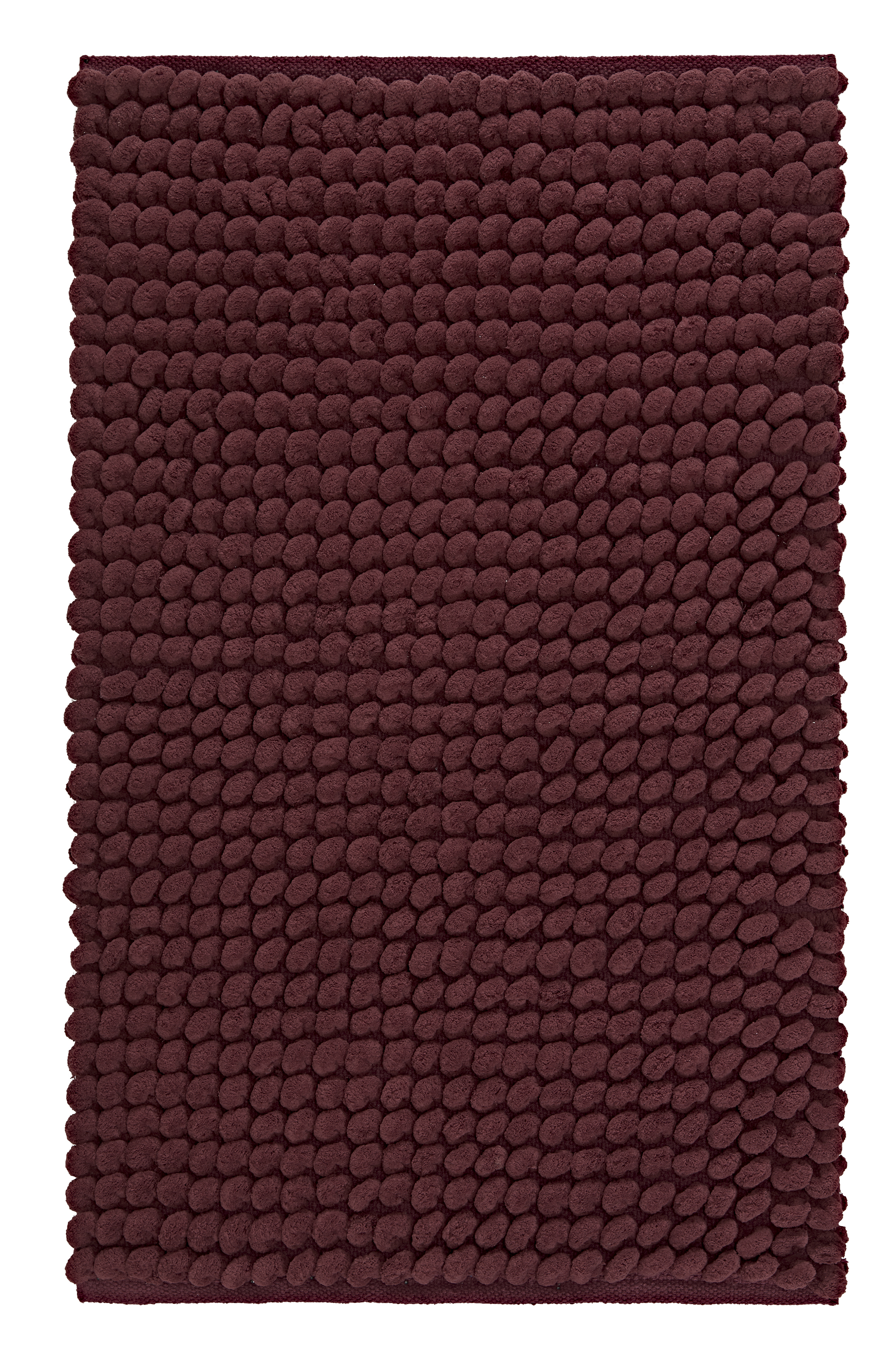 Weinroter Badteppich mit weicher, strukturierter Oberfläche aus Chenille. Ideal für ein gemütliches und stilvolles Badezimmer.