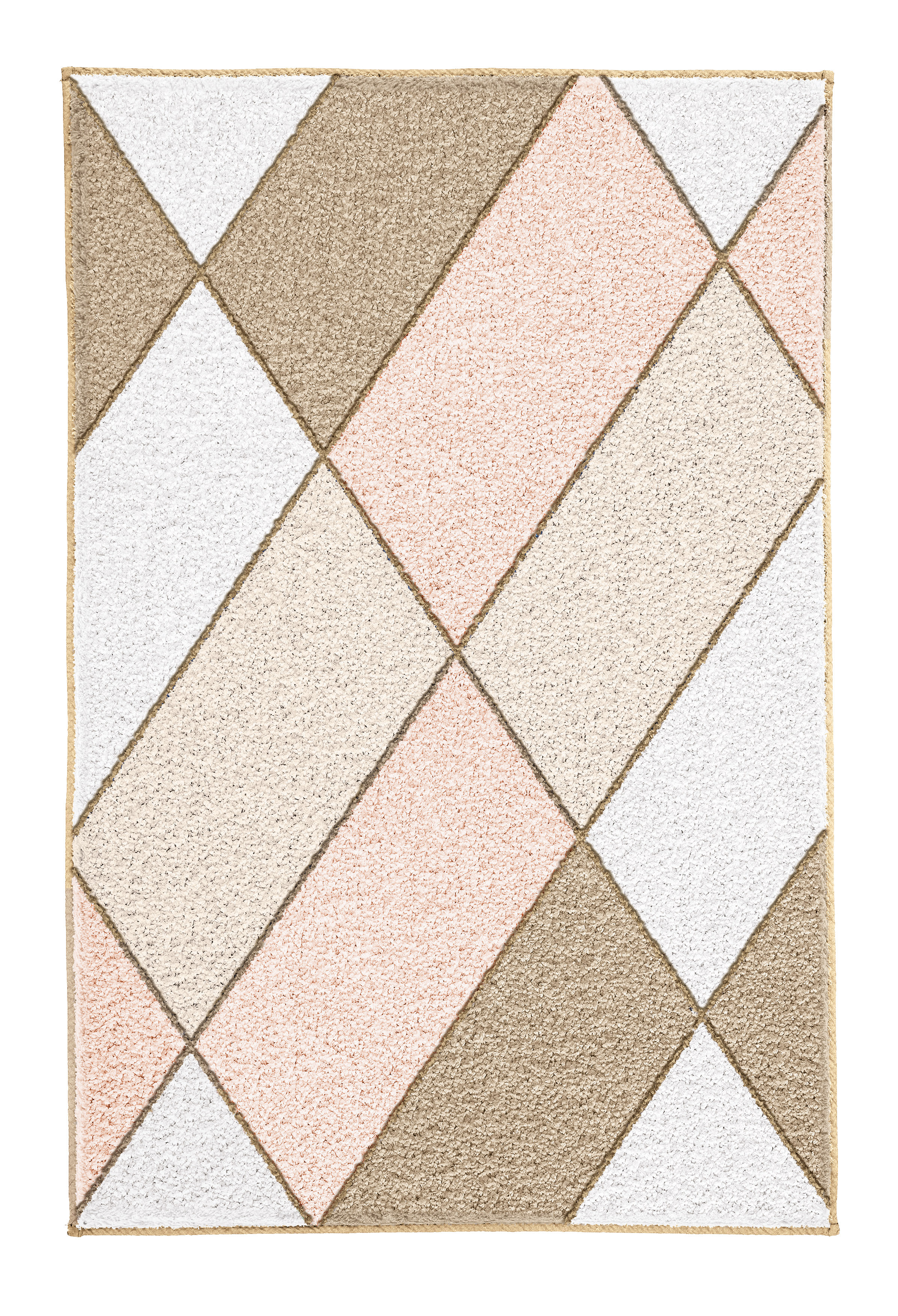 Moderner Teppich mit geometrischem Muster in Beige, Rosa und Weiß. Ideal für stilvolle Wohnräume.