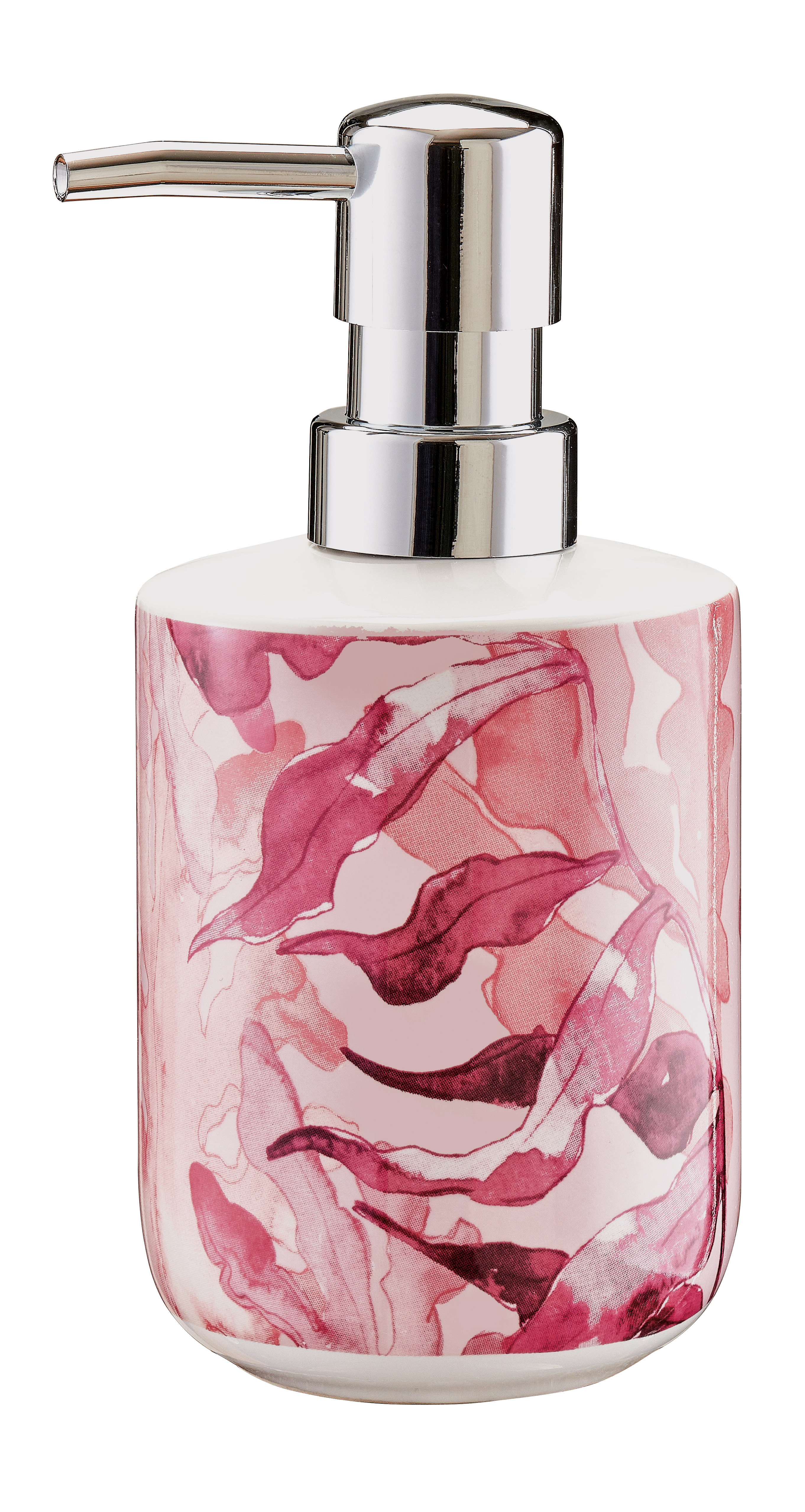 Seifenspender mit floralem Design in Rosa- und Rottönen, glänzender Chrompumpe, ideal für stilvolle Badezimmer.