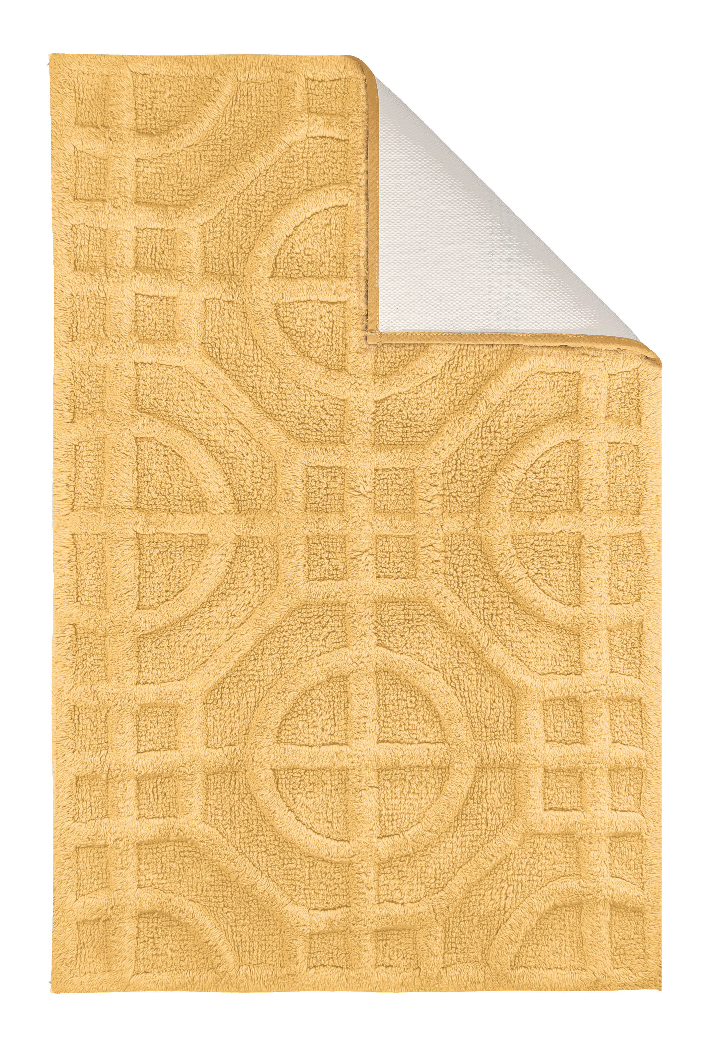 Gelber Badteppich mit geometrischem Muster und rutschfester Rückseite, ideal für ein stilvolles Badezimmer.