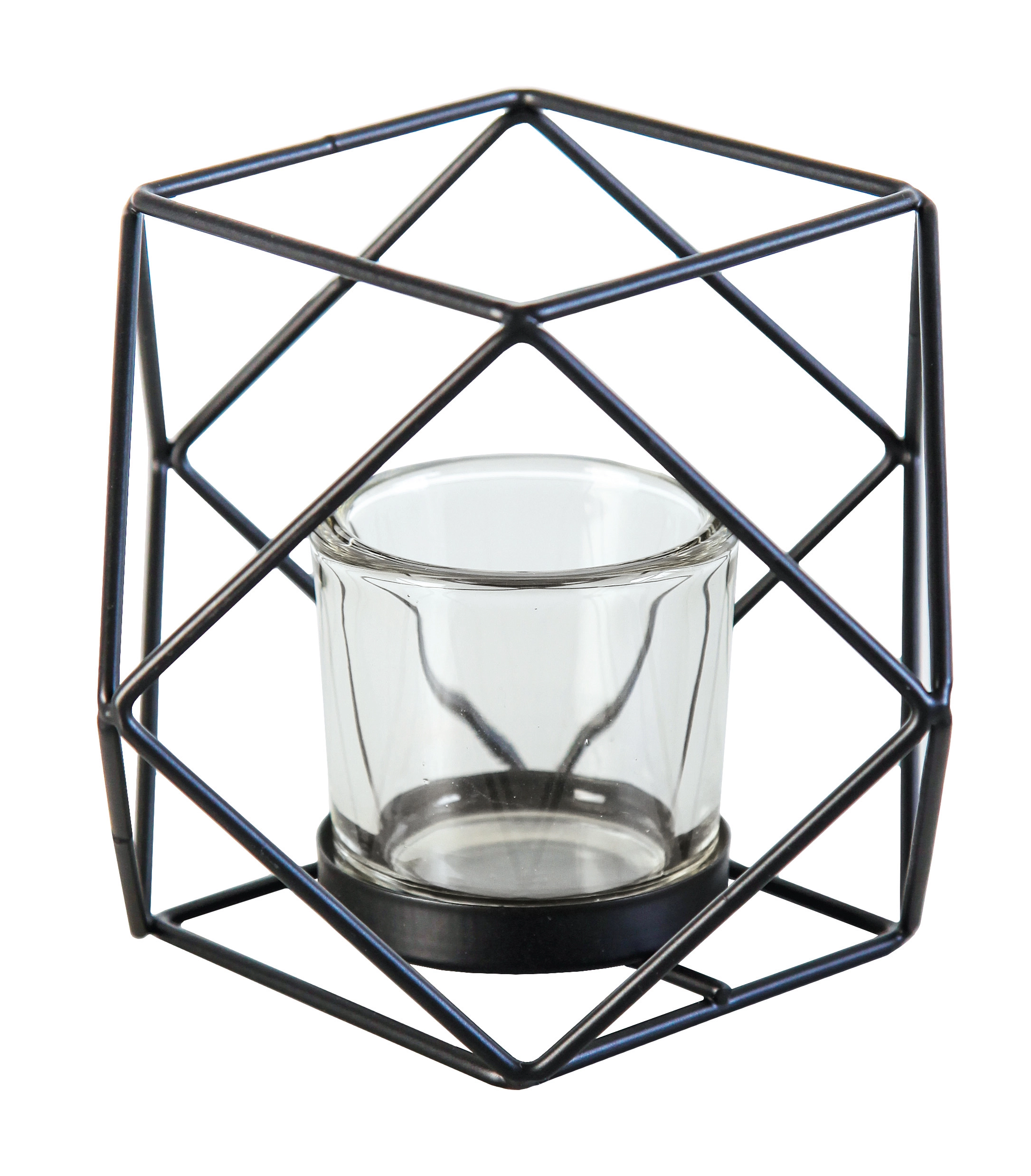 Moderner Teelichthalter aus schwarzem Metall mit geometrischem Design und herausnehmbarem Glasbehälter.