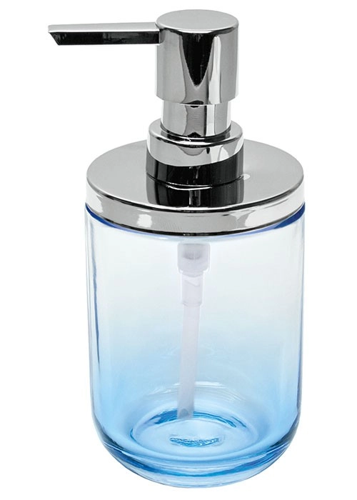 Seifenspender aus Glas mit silbernem Pumpkopf, transparent mit blauem Farbverlauf. Ideal für Badezimmer und Küche.