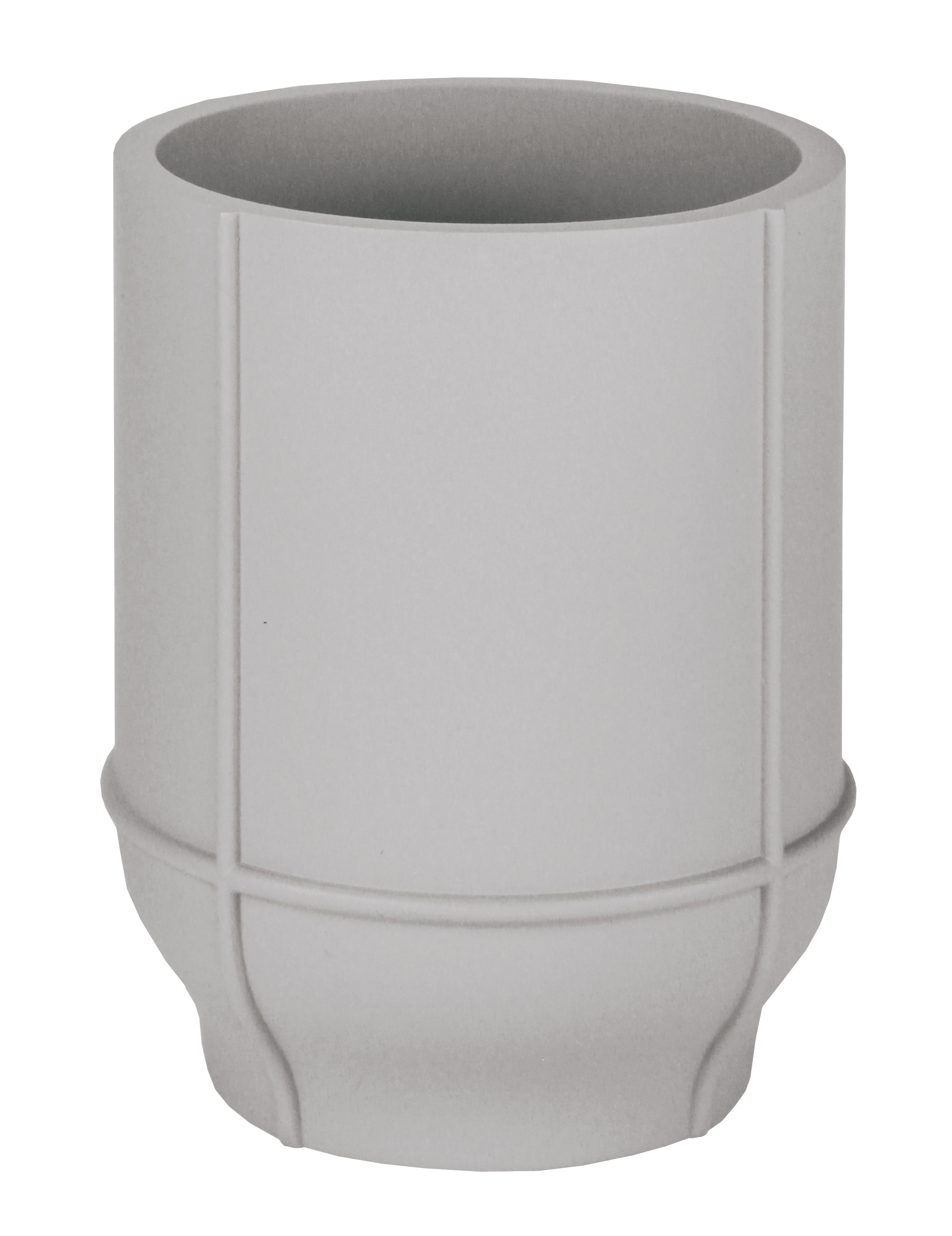 Moderner, grauer Blumentopf mit schlichtem, geometrischem Design und glatter Oberfläche. Ideal für Innen- und Außendekoration.