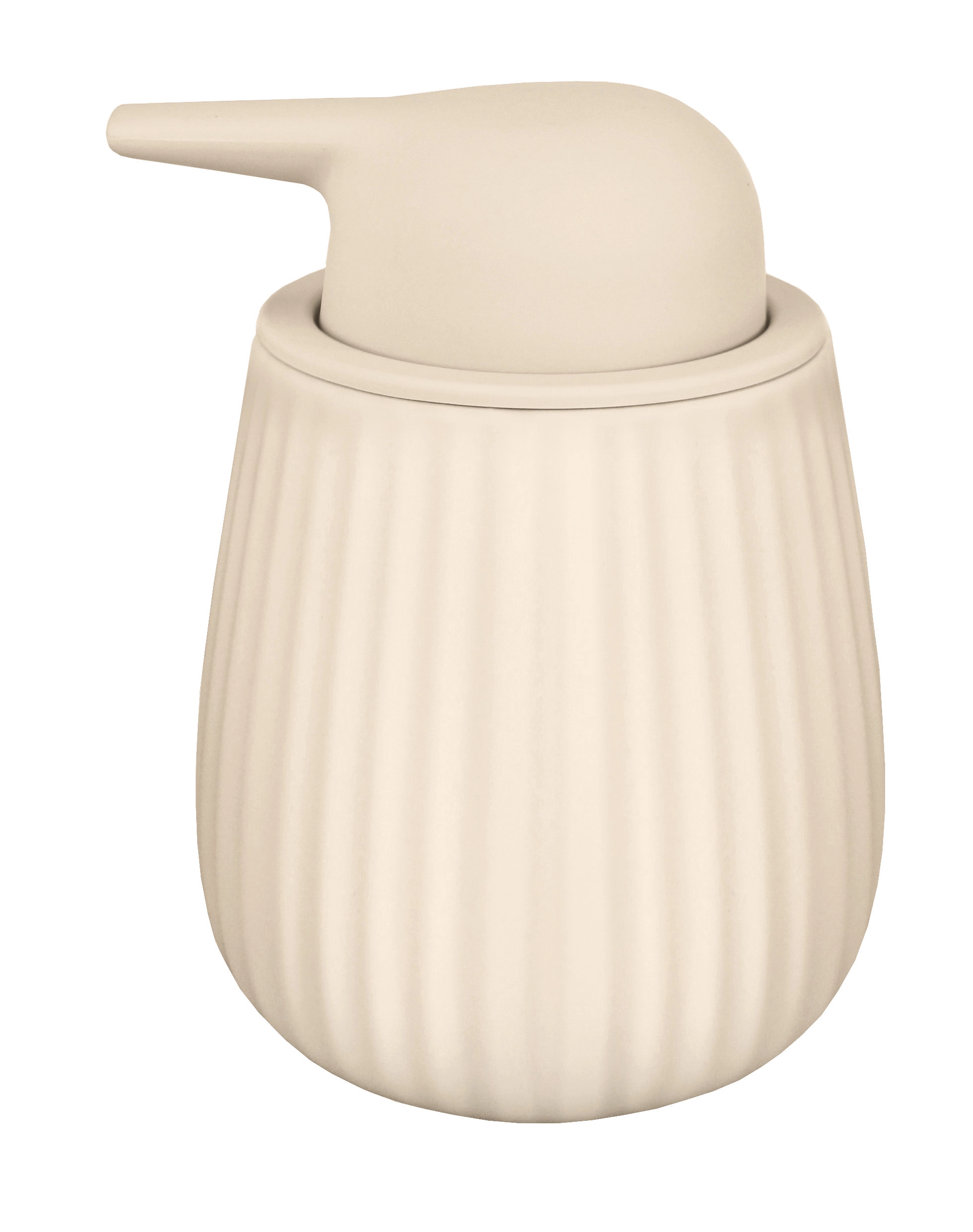 Seifenspender aus cremefarbenem Keramik mit geriffelter Oberfläche und modernem Design. Ideal für stilvolle Badezimmer.
