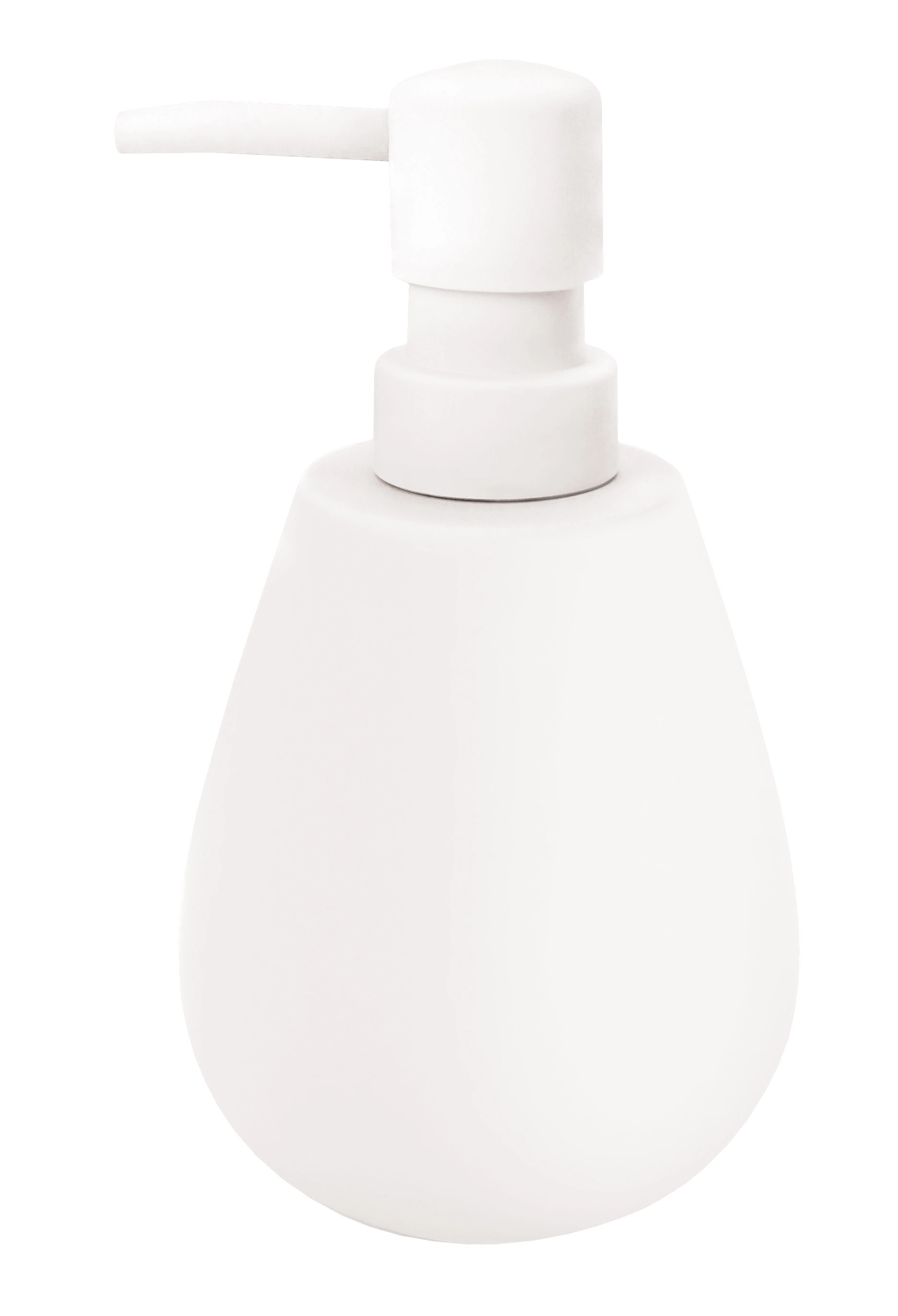 Weißer Seifenspender mit modernem, minimalistischem Design und abgerundeter Form. Ideal für Badezimmer und Küchen.