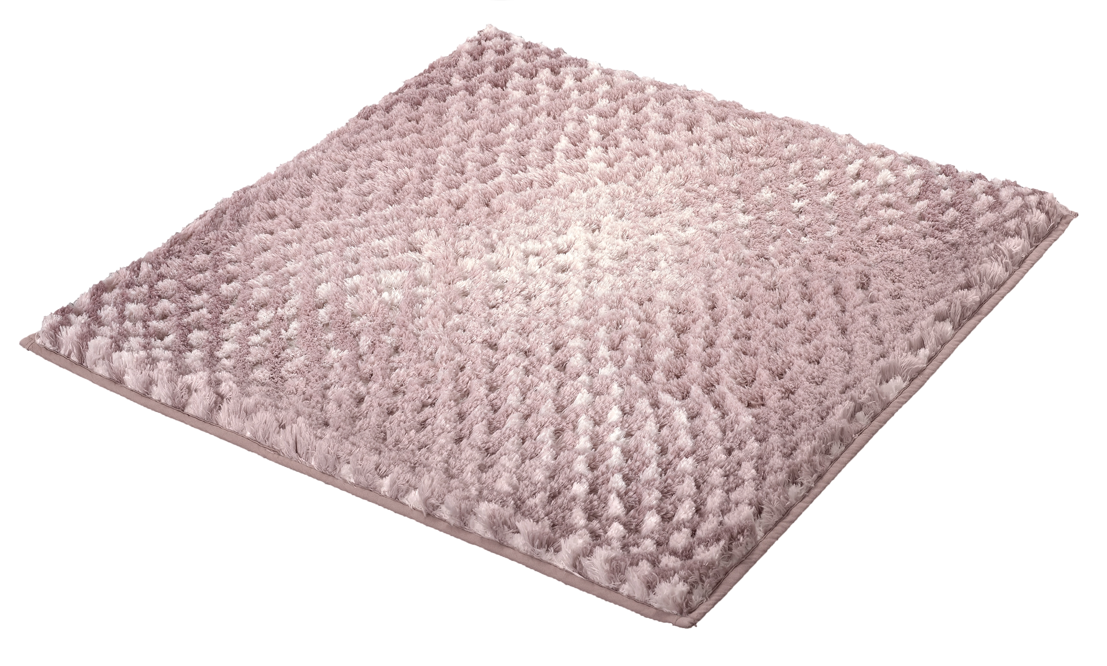 Weicher, quadratischer Teppich in zartem Rosa mit flauschiger Textur und dezentem Muster. Ideal für Wohn- und Schlafzimmer.