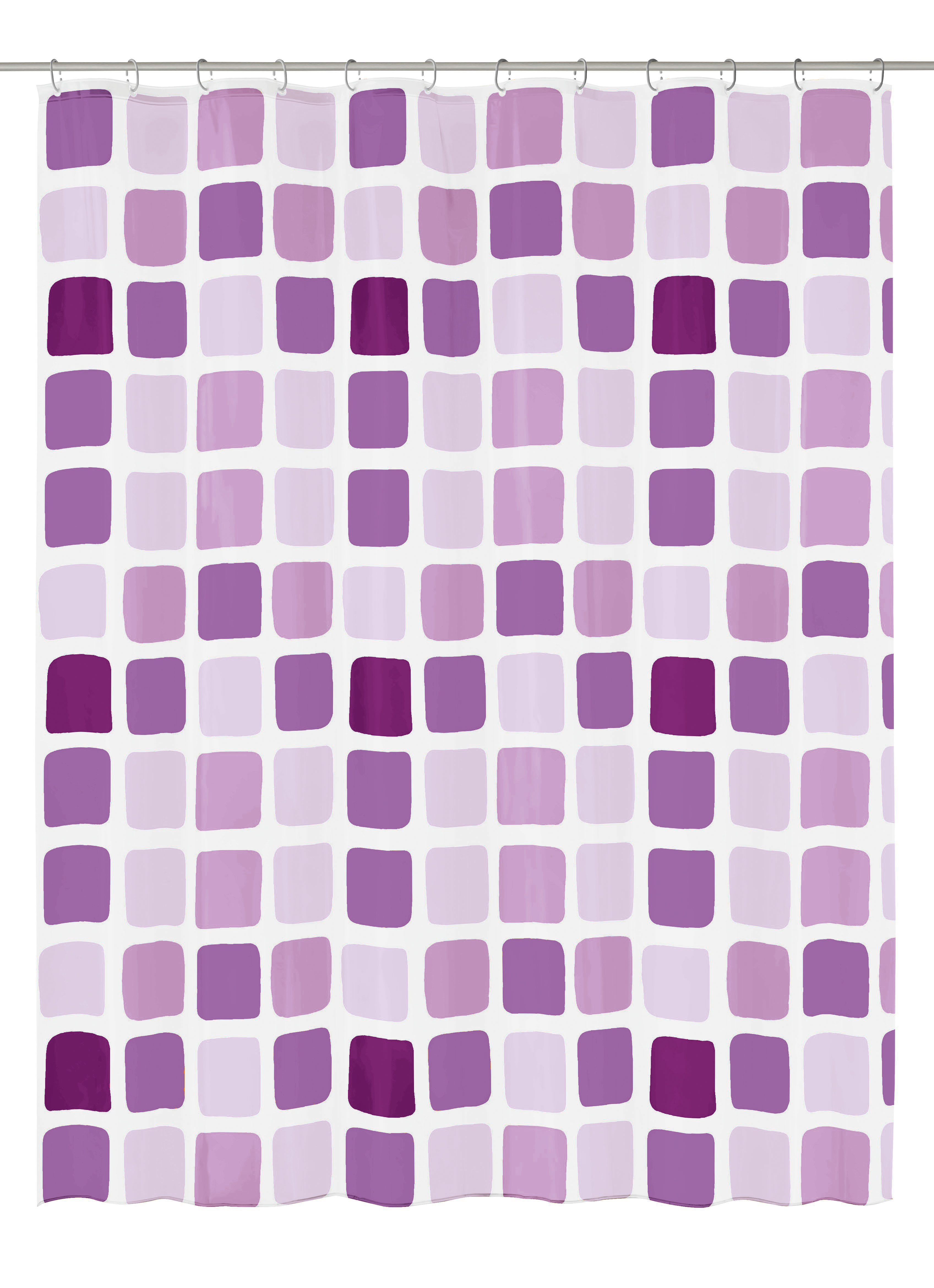 Duschvorhang PEVA SONNY Violett 180 x 200 cm Duschvorhang mit lila und violetten Quadraten auf weißem Hintergrund, modernes Design für stilvolle Badezimmer.