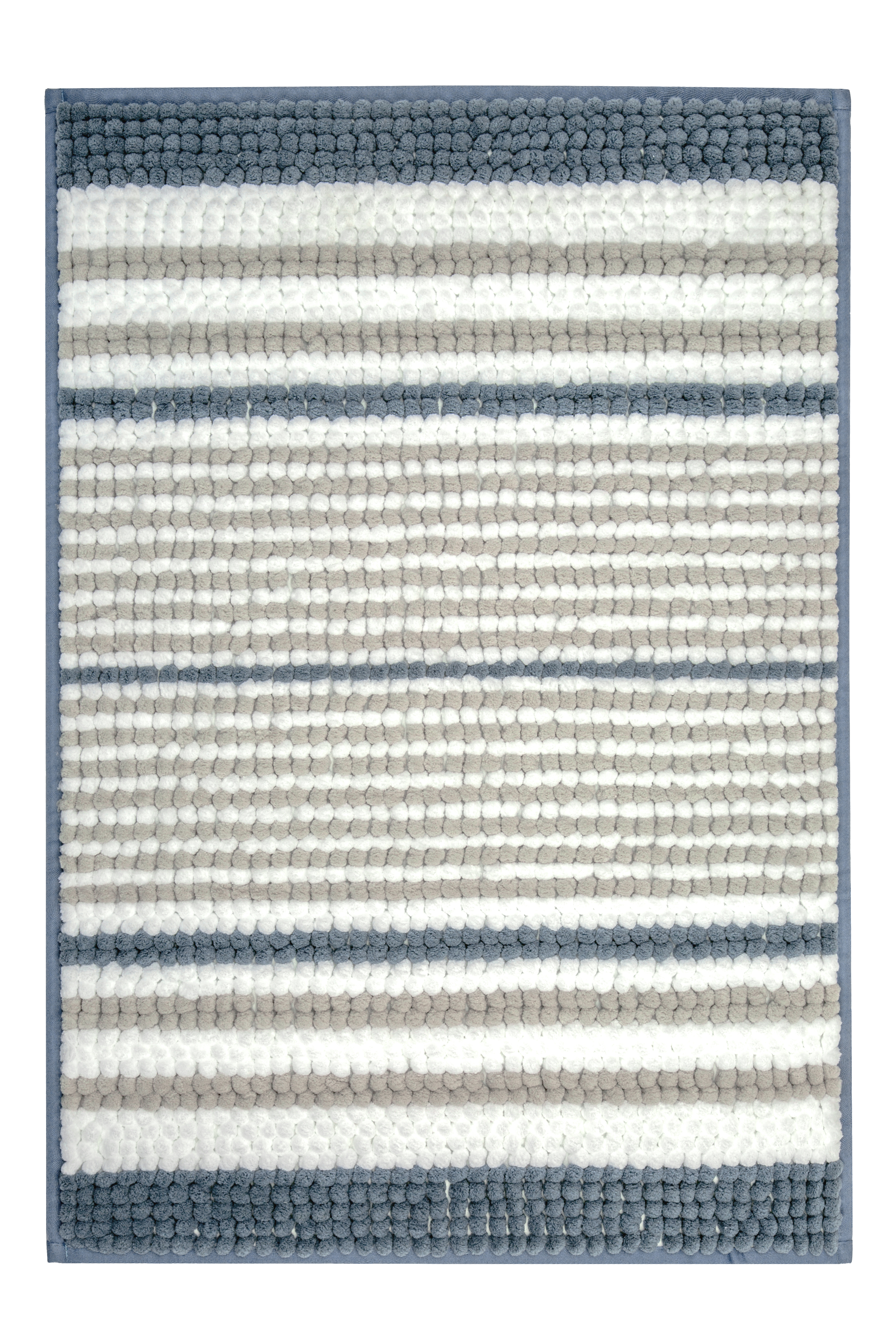 Badteppich BOLA Mare 60 x 90 cm Quadratischer Badteppich mit Streifenmuster in Blau, Grau und Weiß. Weiche, strukturierte Oberfläche für ein angenehmes Gefühl.