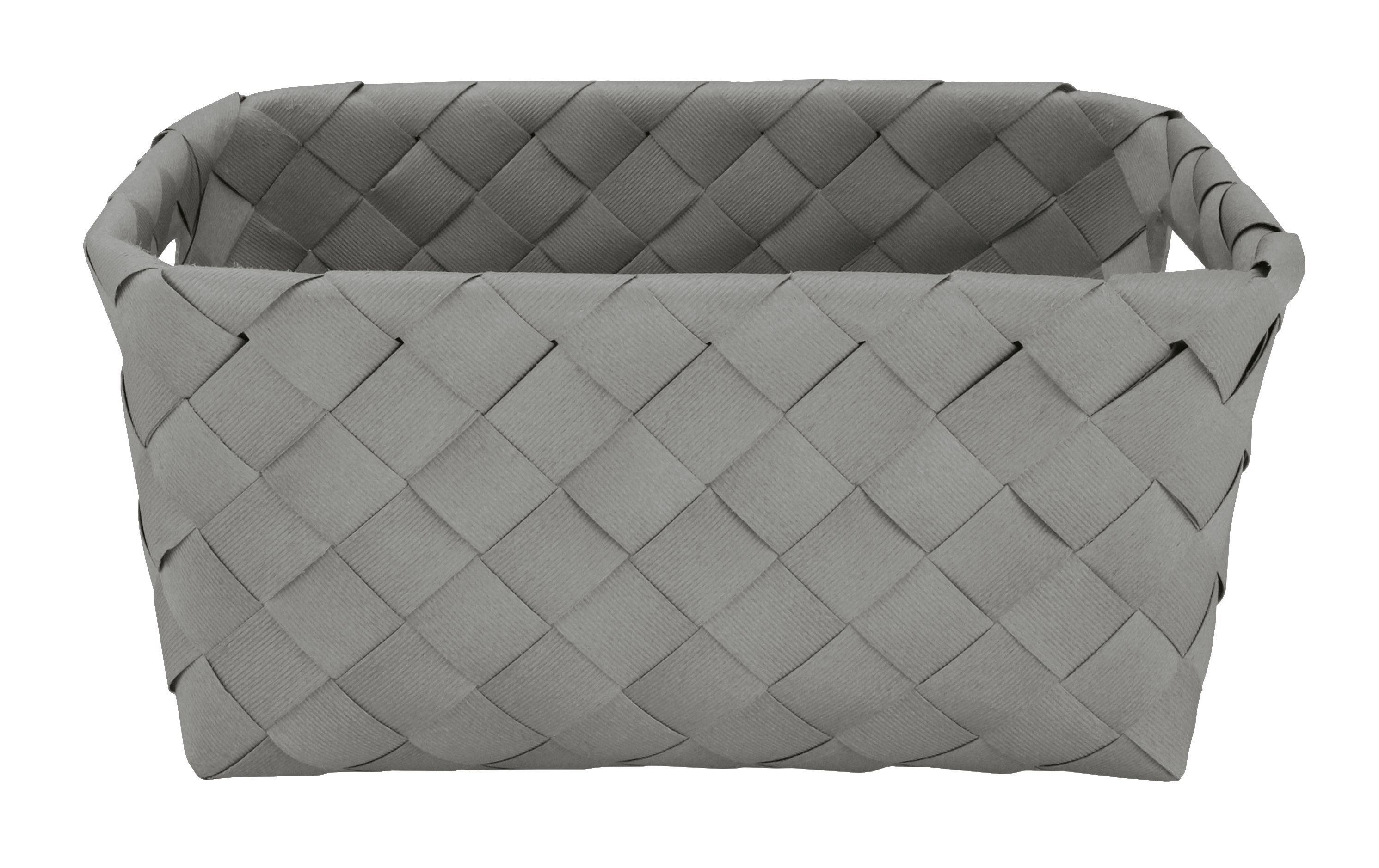 Geflochtener Aufbewahrungskorb in Grau, ideal zur stilvollen Organisation von Haushaltsgegenständen.