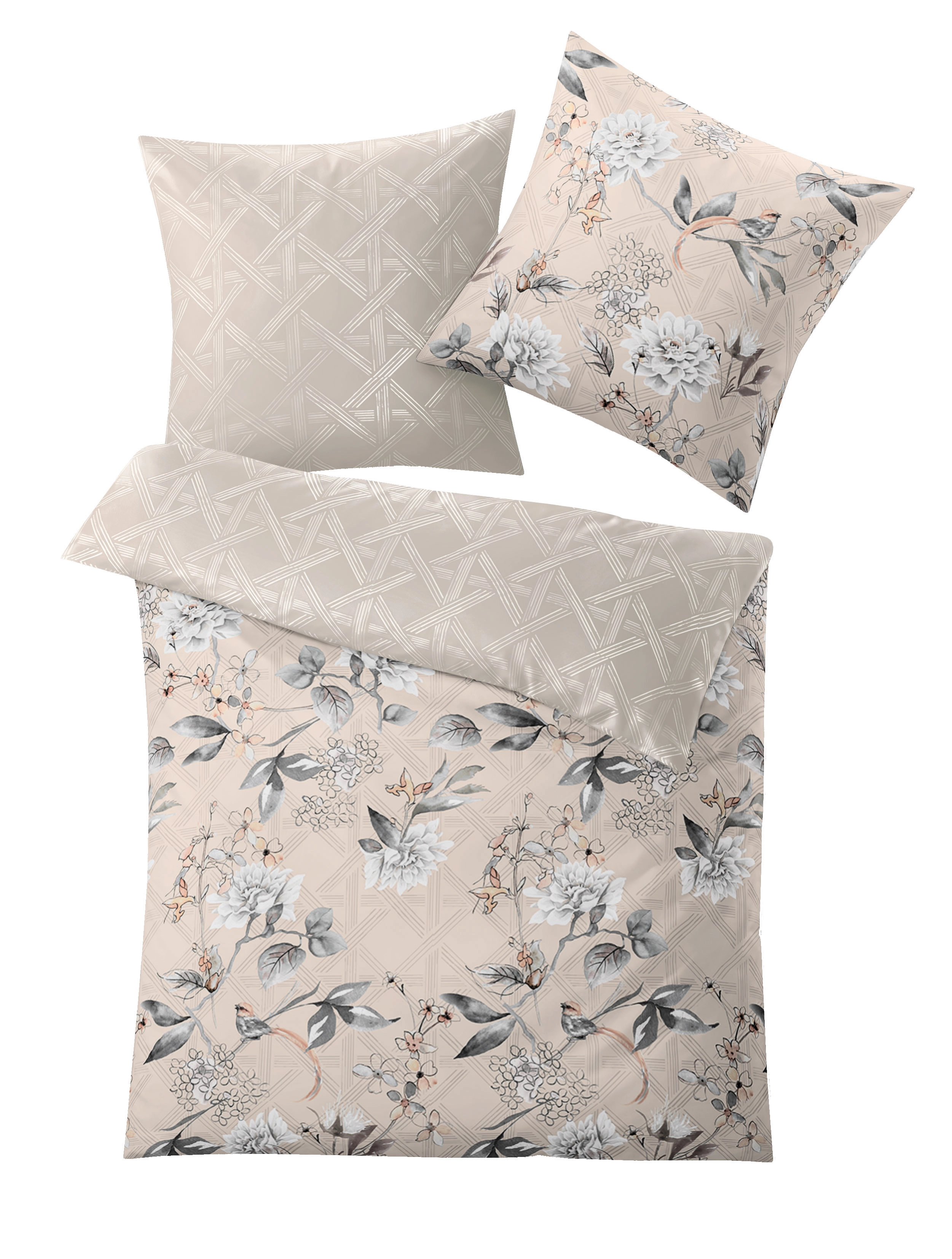 Bettwäsche-Set mit floralem Muster in Beige und Grau, bestehend aus Decken- und Kissenbezug.