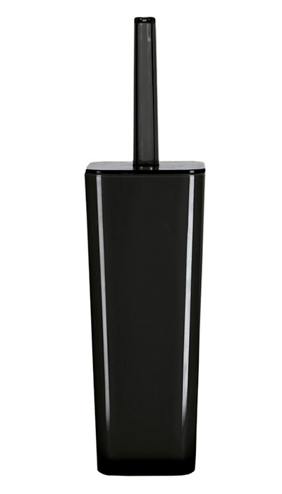 Schwarze WC-Bürstengarnitur in modernem, eckigem Design aus hochwertigem Kunststoff. Ideal für stilvolle Badezimmer.