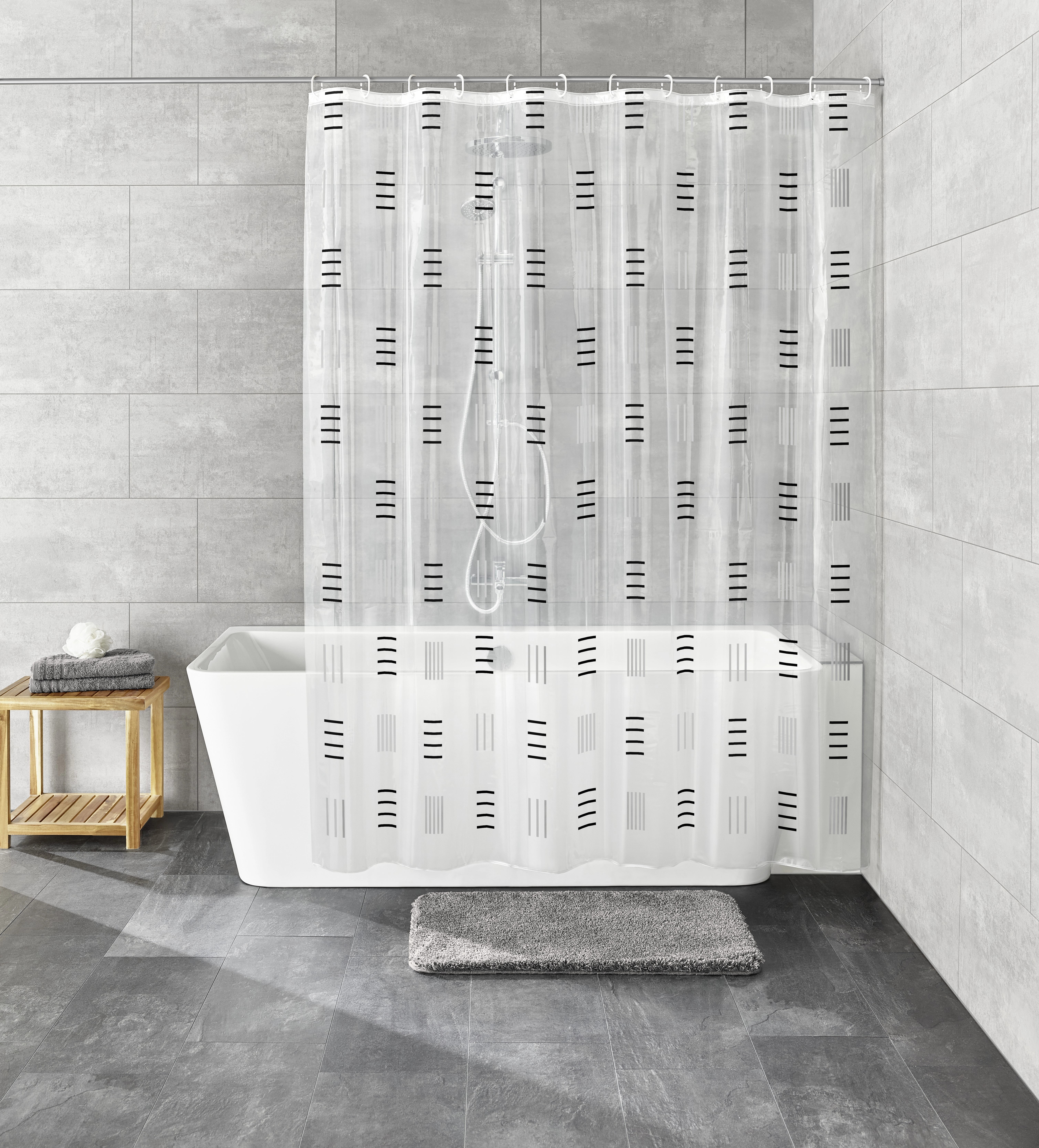 Duschvorhang mit modernem, grafischem Muster in Schwarz-Weiß, ideal für stilvolle Badezimmer.