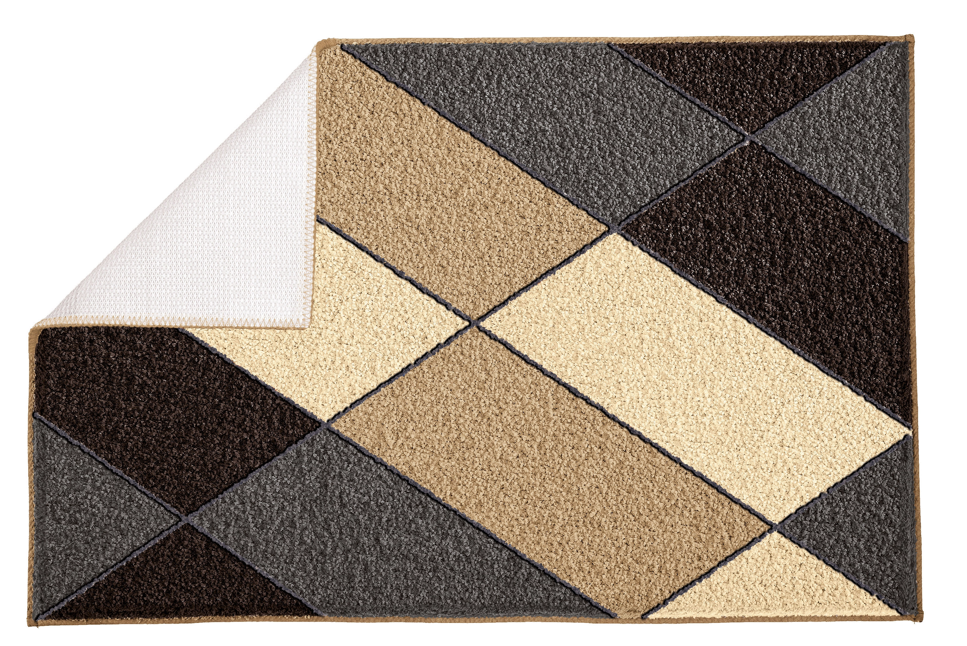 Moderner Teppich mit geometrischem Muster in Beige-, Braun- und Grautönen, rutschfeste Rückseite. Ideal für Wohn- und Schlafzimmer.