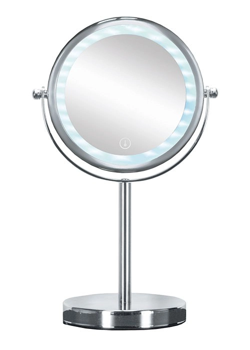 4004478278950 Runder, verchromter Kosmetikspiegel mit LED-Beleuchtung und Standfuß. Ideal für präzises Make-up und Pflege.