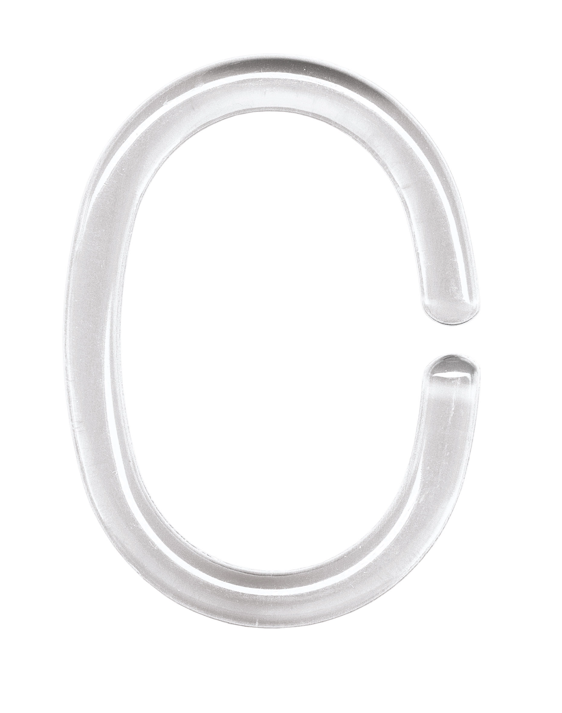 Transparenter Duschvorhangring aus Kunststoff in C-Form, ideal für eine einfache und sichere Befestigung des Vorhangs.