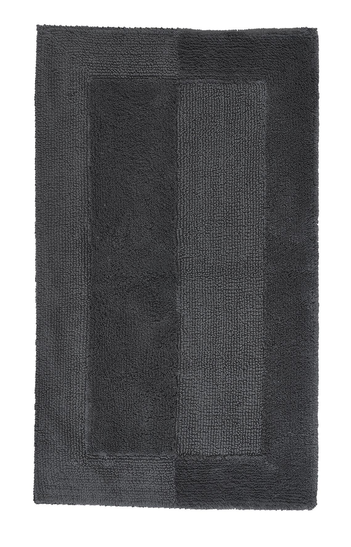 Grauer, rechteckiger Badezimmerteppich mit schlichtem, modernem Design und weicher, strukturierter Oberfläche.