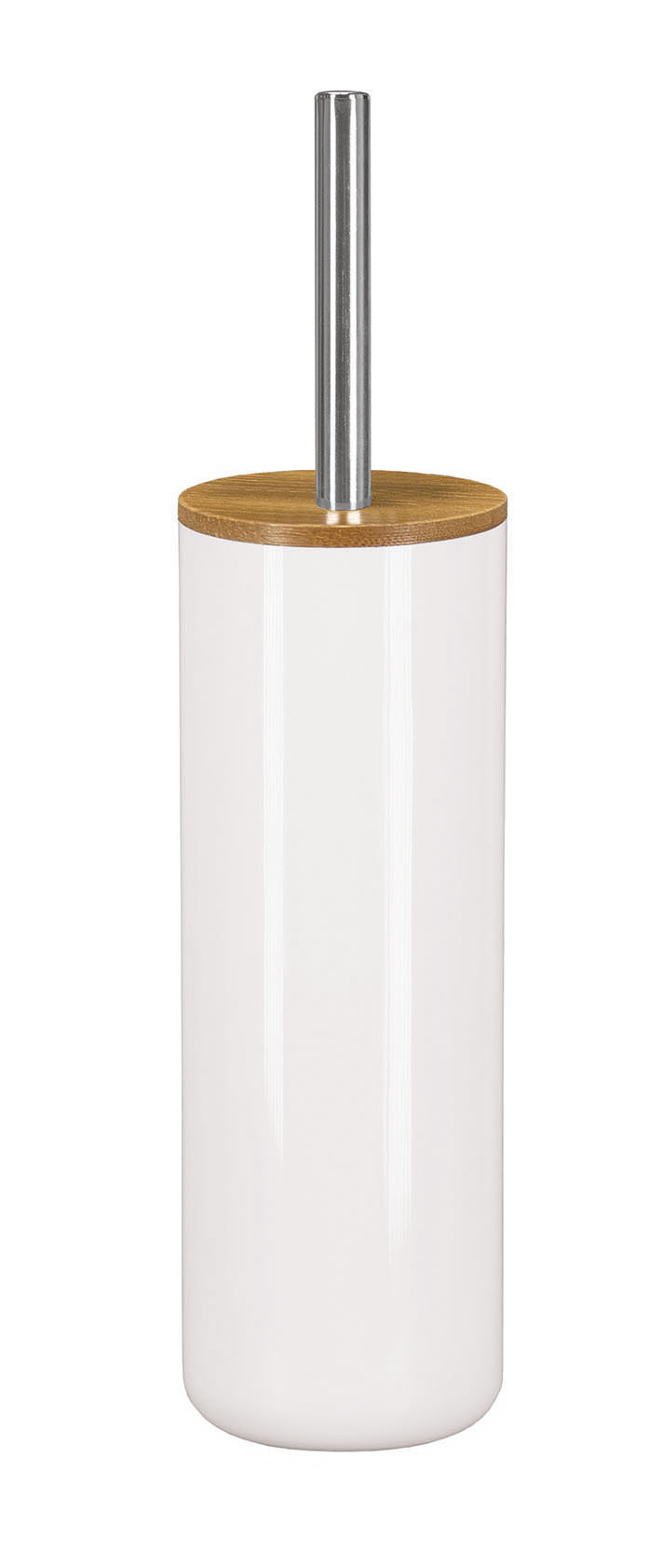 Moderner Toilettenbürstenhalter in Weiß mit Holzdeckel und Edelstahlgriff, ideal für stilvolle Badezimmer.