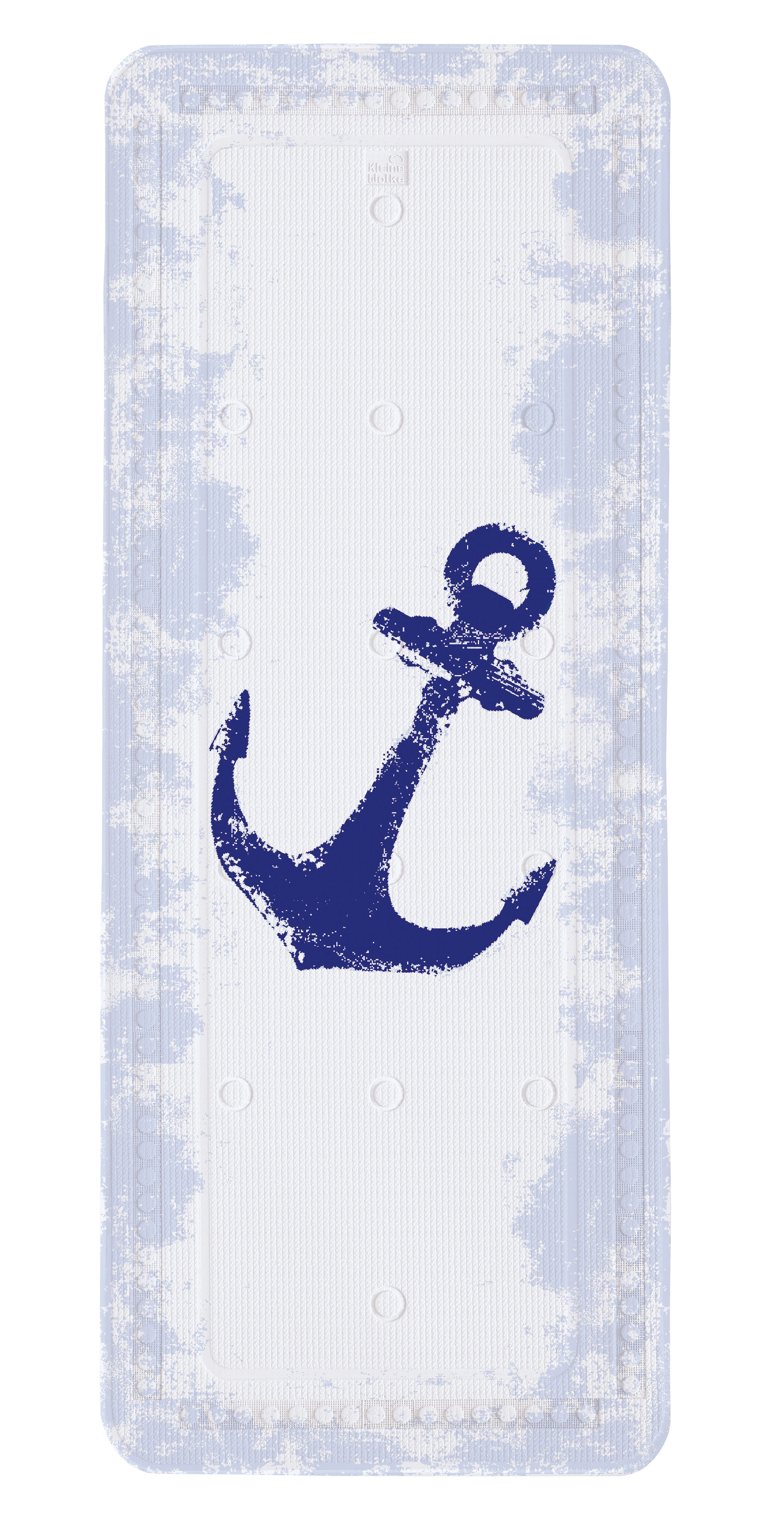 Rutschfeste Badematte mit blauem Anker-Motiv auf weißem Hintergrund, ideal für maritimes Badezimmerdekor.