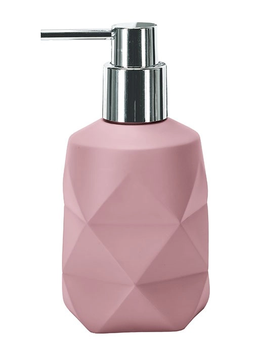 4004478293540 Rosa Seifenspender mit geometrischem Design und silbernem Pumpkopf.