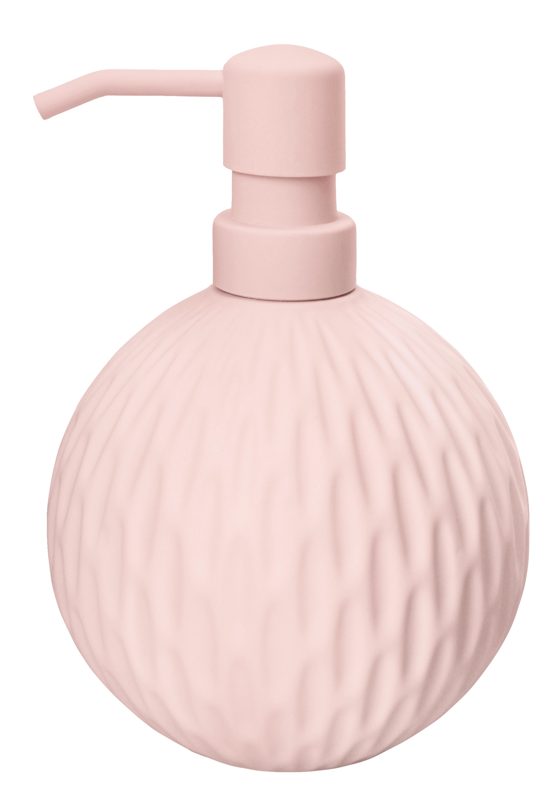 Runder Seifenspender in zartem Rosa mit strukturierter Oberfläche und schlichtem Pumpmechanismus.