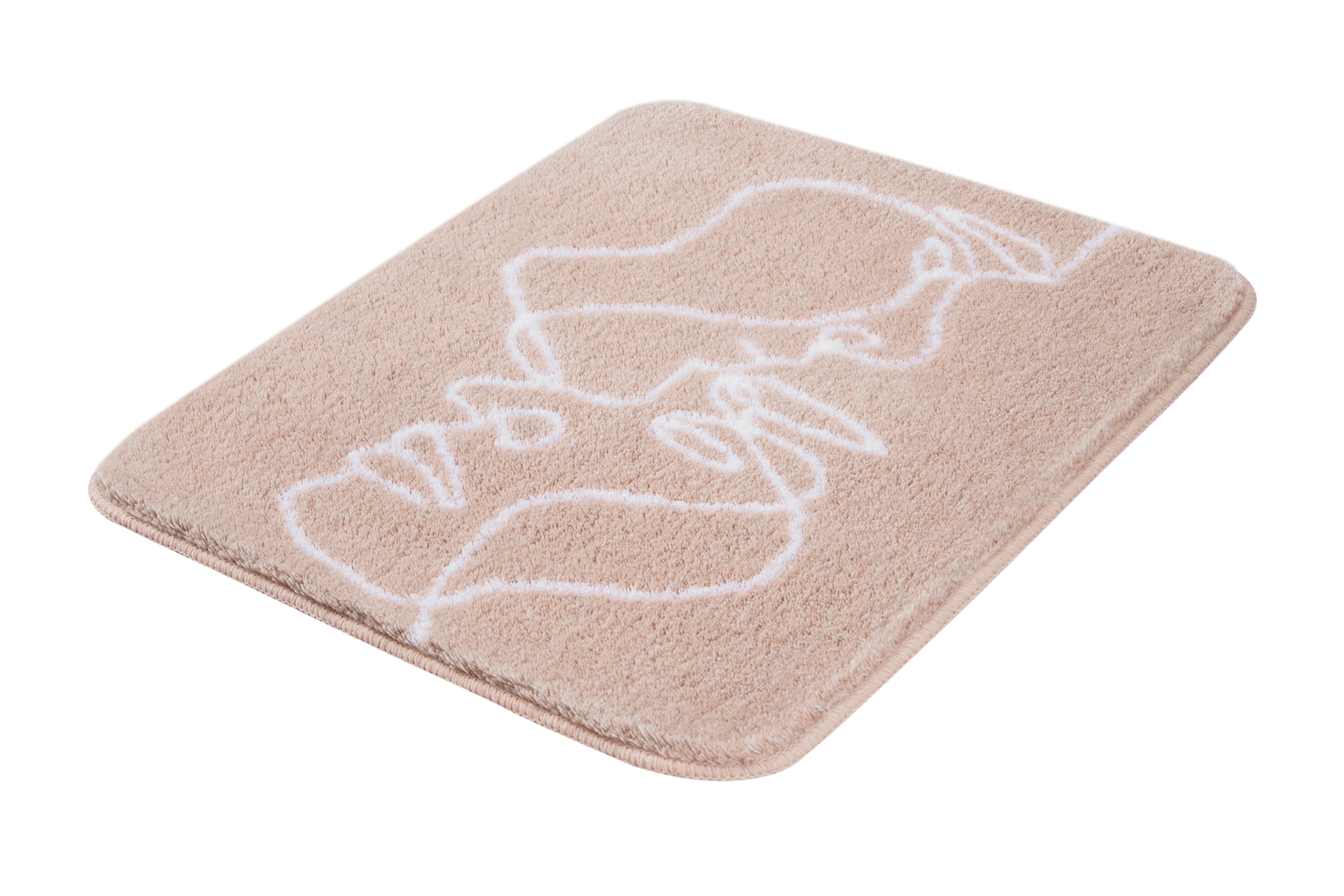 Beige Badematte mit abstraktem Gesichtsmuster in Weiß, weiche Textur, modernes Design.