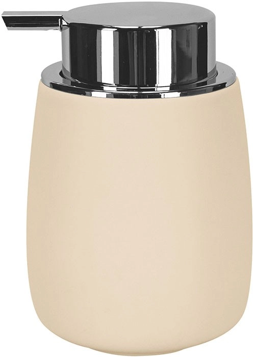 4004478322349 Beigefarbener Seifenspender mit glänzendem Chrom-Pumpkopf, elegantes Design, ideal für moderne Badezimmer.