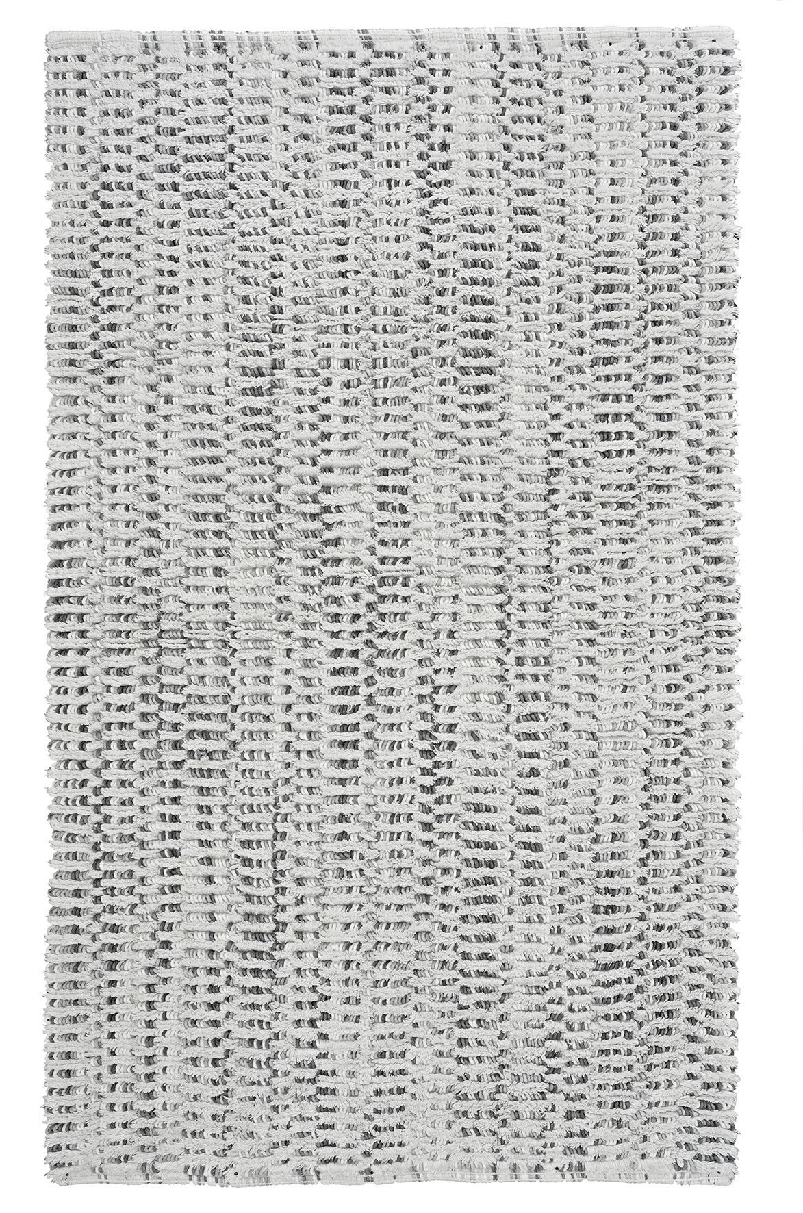 Moderner, rechteckiger Teppich in Grau-Weiß mit wellenförmigem Muster. Ideal für Wohn- und Schlafzimmer.