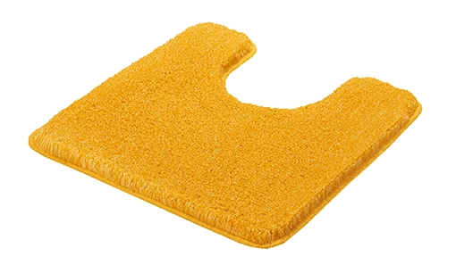 Gelber, rechteckiger Badteppich mit Ausschnitt für Toiletten, weiche und flauschige Textur, rutschfeste Unterseite.