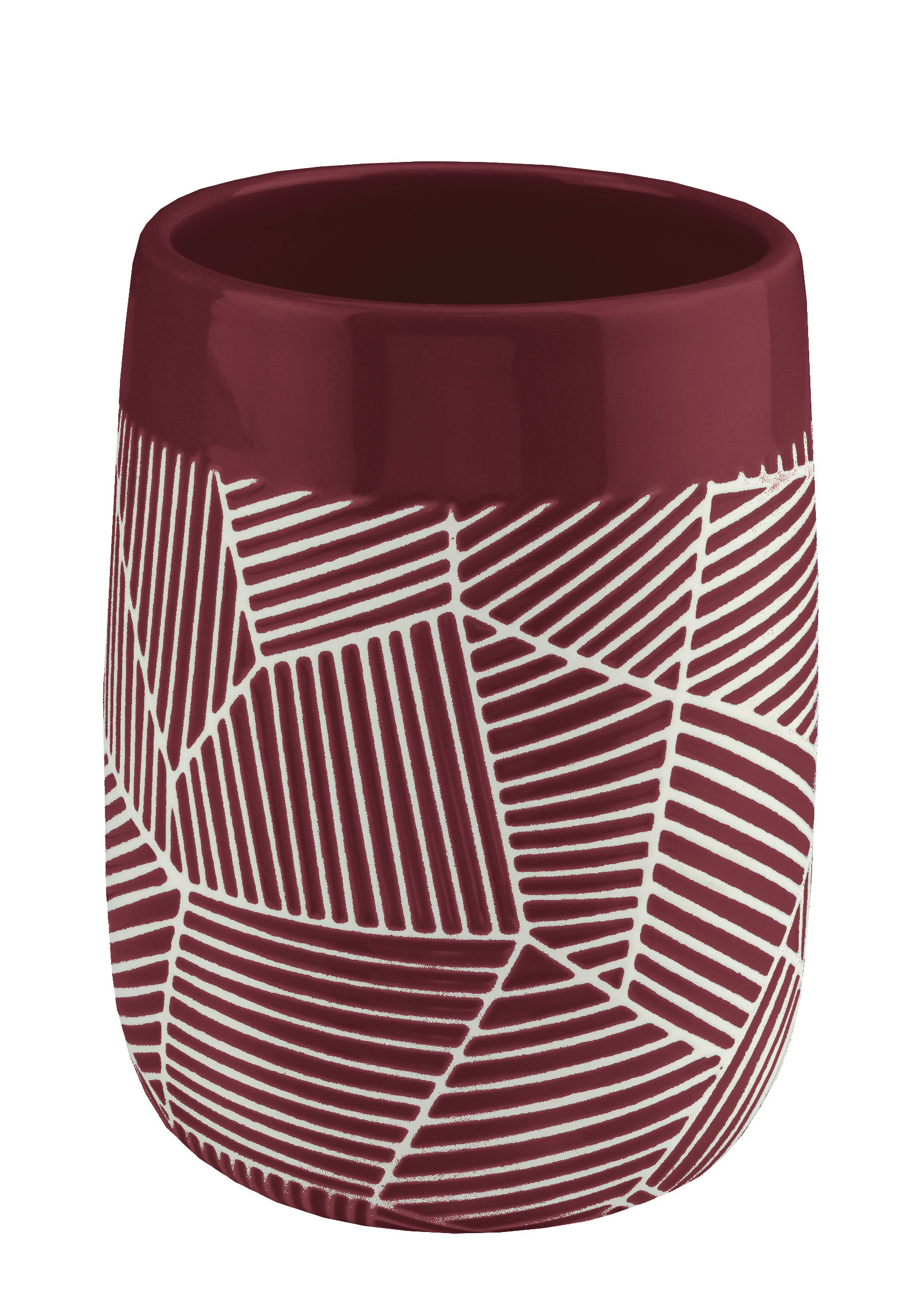 Keramikbecher in Bordeauxrot mit geometrischem, weißem Linienmuster. Ideal für moderne Badezimmerdekoration.