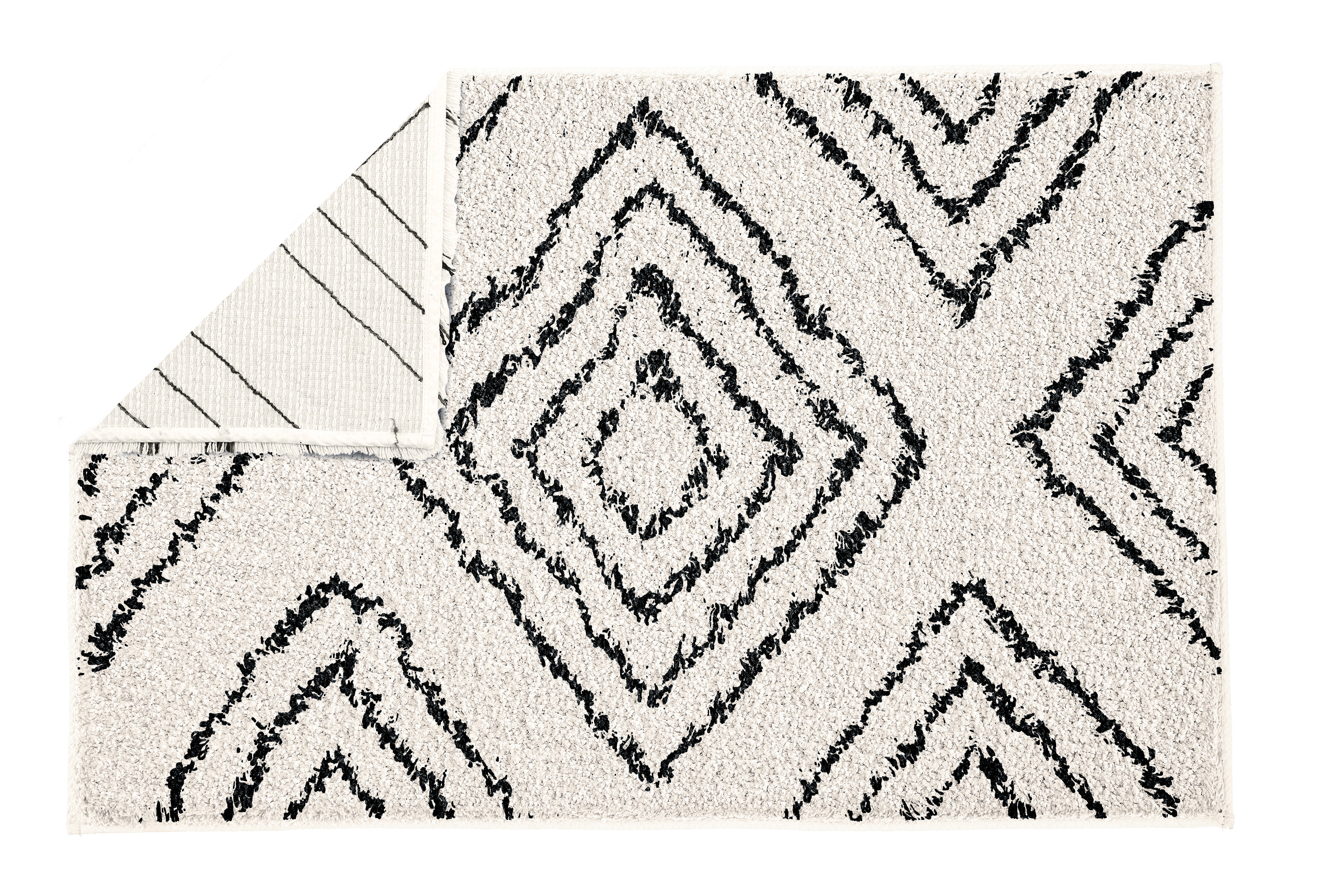 Moderner, rechteckiger Teppich in Weiß mit schwarzen, geometrischen Rautenmustern und rutschfester Rückseite.