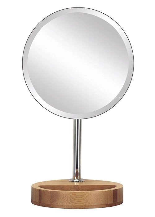 4004478278660 Moderner, runder Kosmetikspiegel mit verchromtem Ständer und Holzsockel. Ideal für Badezimmer und Schminktische.