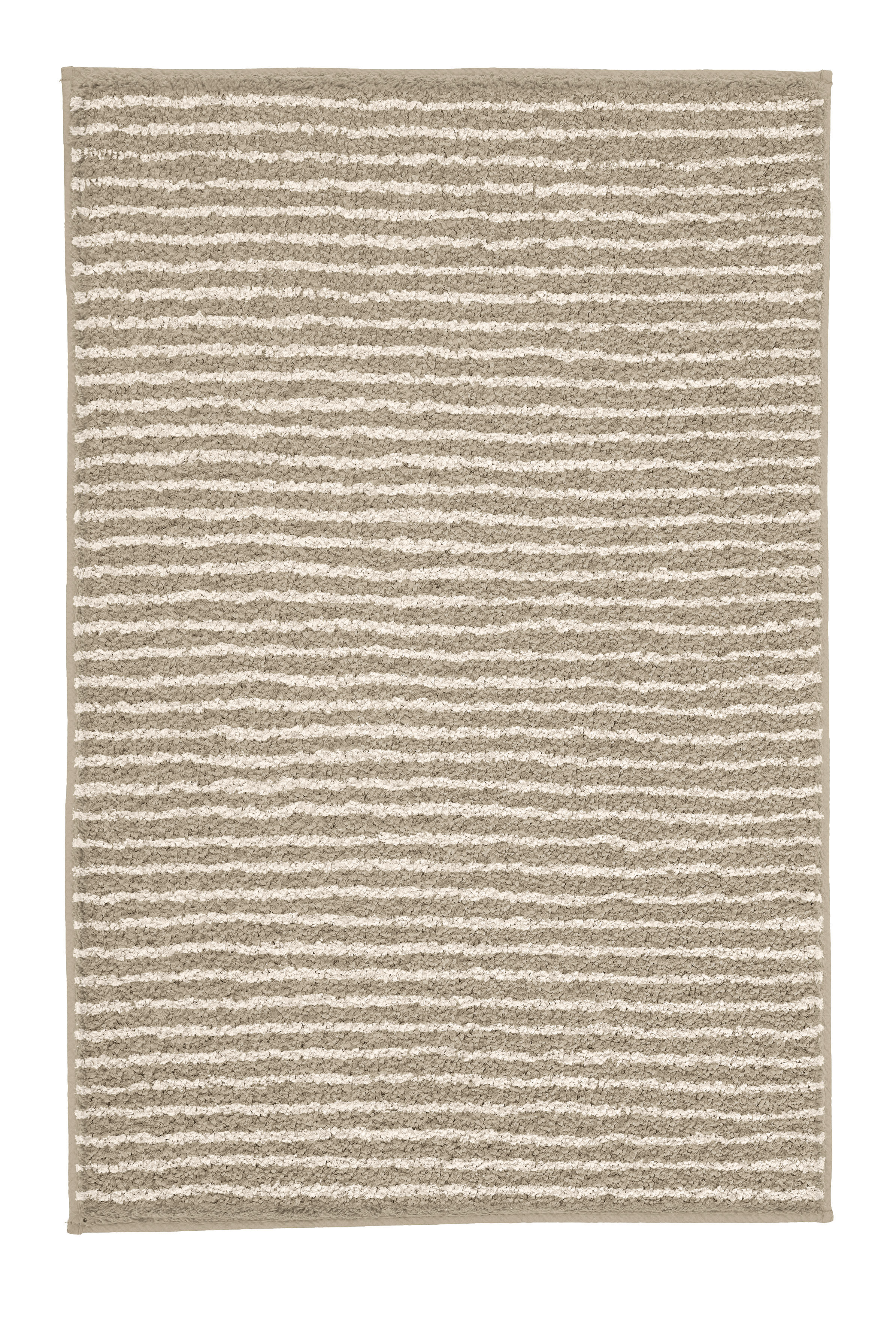 Beige-weißer Badteppich mit horizontalen Streifen, weiche Textur, ideal für Badezimmer und Wohnräume.