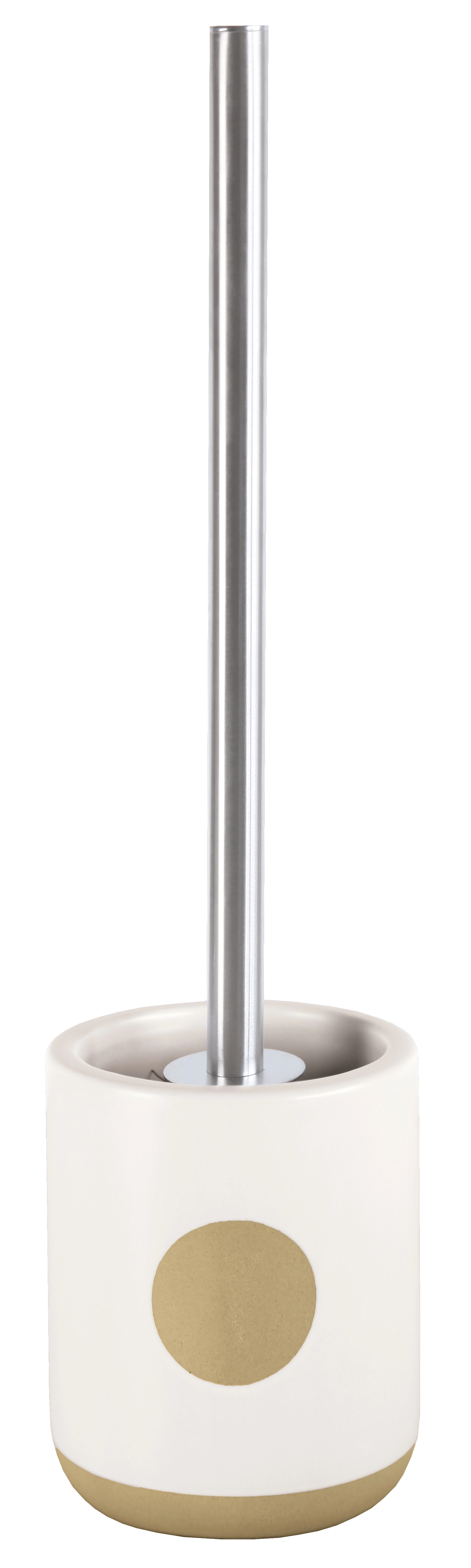 Toilettenbürstenhalter aus Keramik in Weiß mit goldenen Akzenten und Edelstahlgriff. Modernes und elegantes Design.