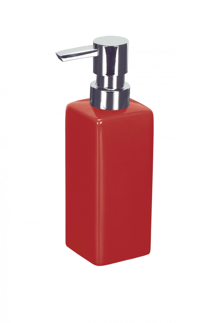 4004478188822 Roter Seifenspender mit glänzendem Chrom-Pumpkopf, modernes Design, ideal für Badezimmer und Küchen.