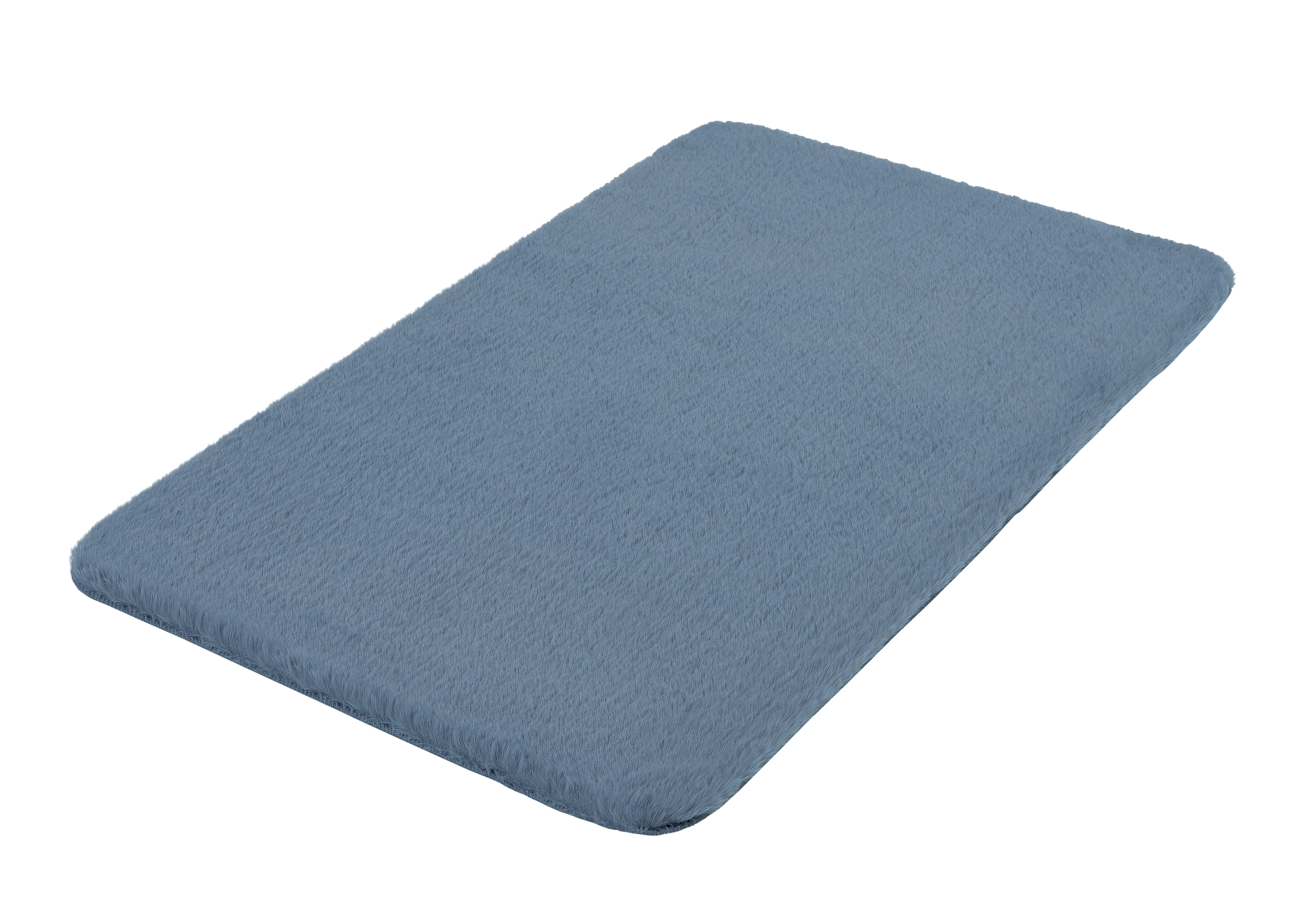 Blaue, rechteckige Badematte mit weicher, flauschiger Oberfläche.