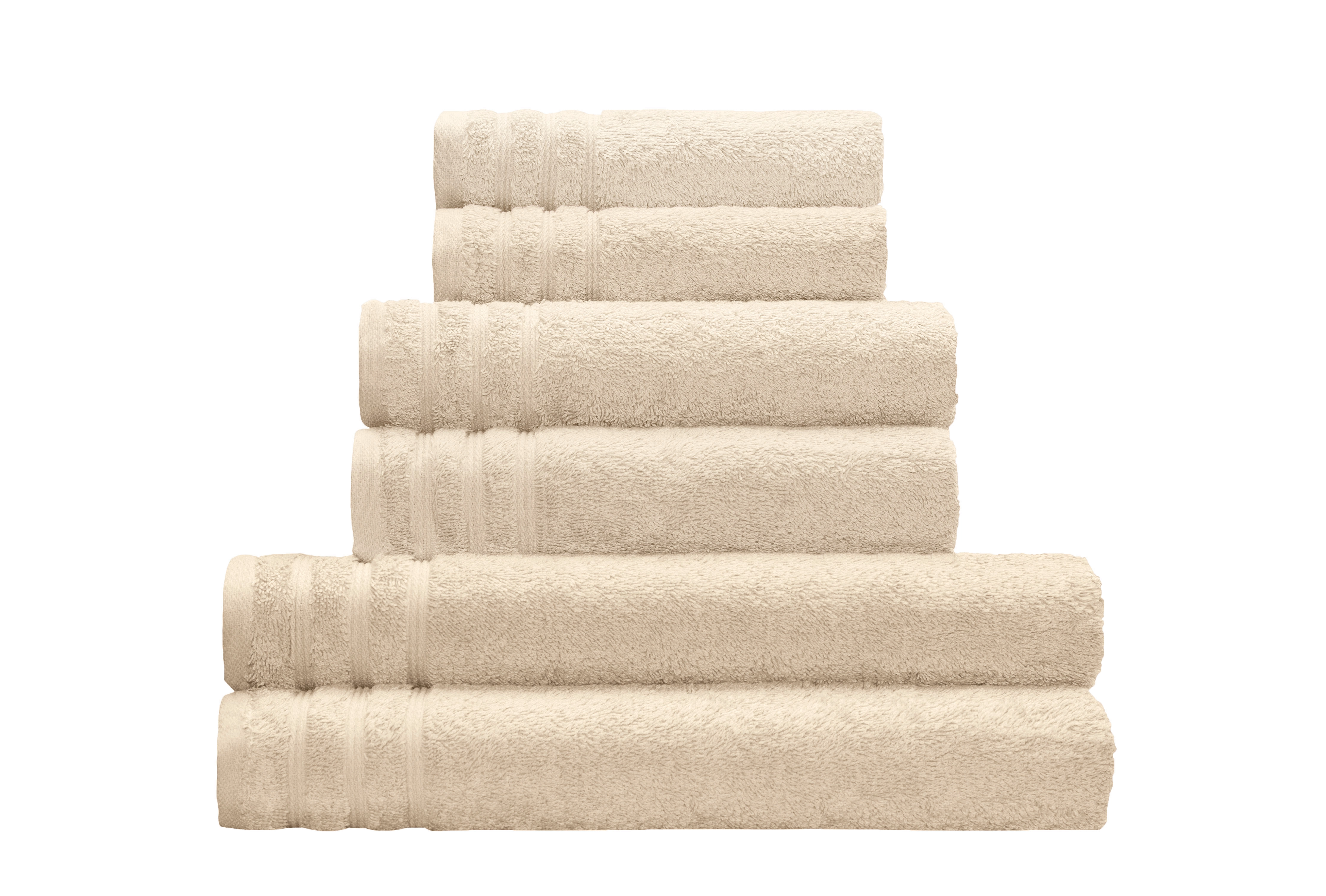 Frottier Handtuch ROYAL Sandbeige 50x100 cm Set aus beigen Handtüchern in verschiedenen Größen, gestapelt und mit dekorativen Streifen verziert.
