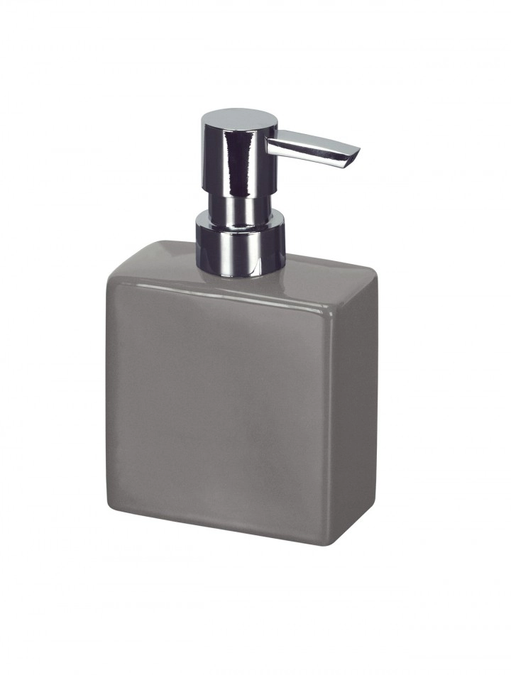 4004478158245 Grauer Seifenspender mit glänzendem Chrom-Pumpkopf, minimalistisches Design, ideal für moderne Badezimmer.