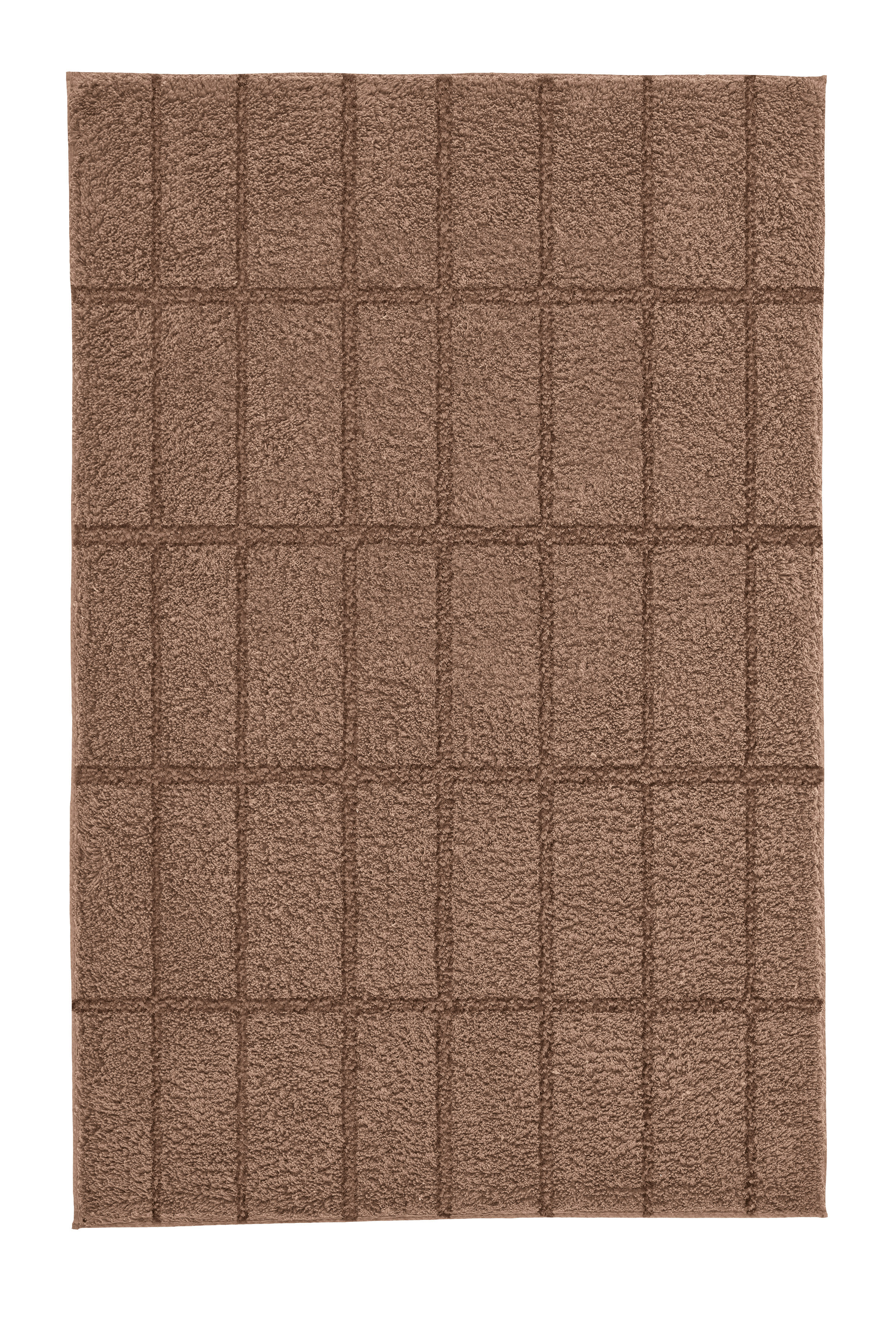Braune Badematte mit Kachelmuster, weiche Textur, rutschfeste Unterseite, ideal für Badezimmer und Wellnessbereiche.