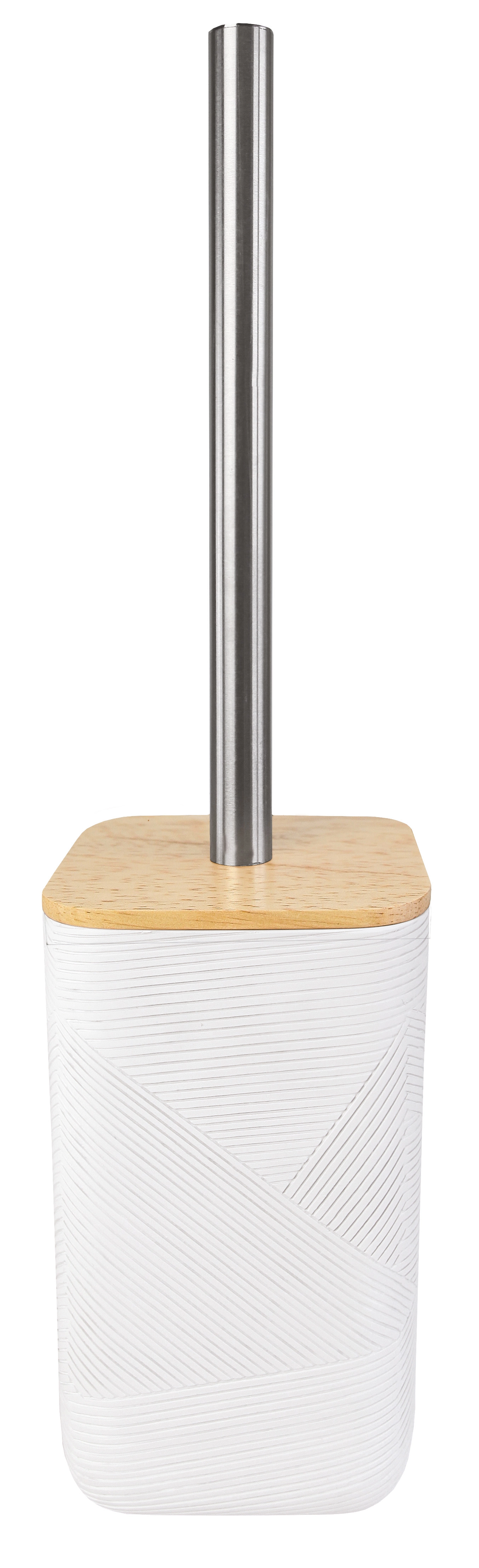 Toilettenbürstenhalter aus weißem Kunststoff mit Bambusdeckel und Edelstahlgriff. Modernes, minimalistisches Design.